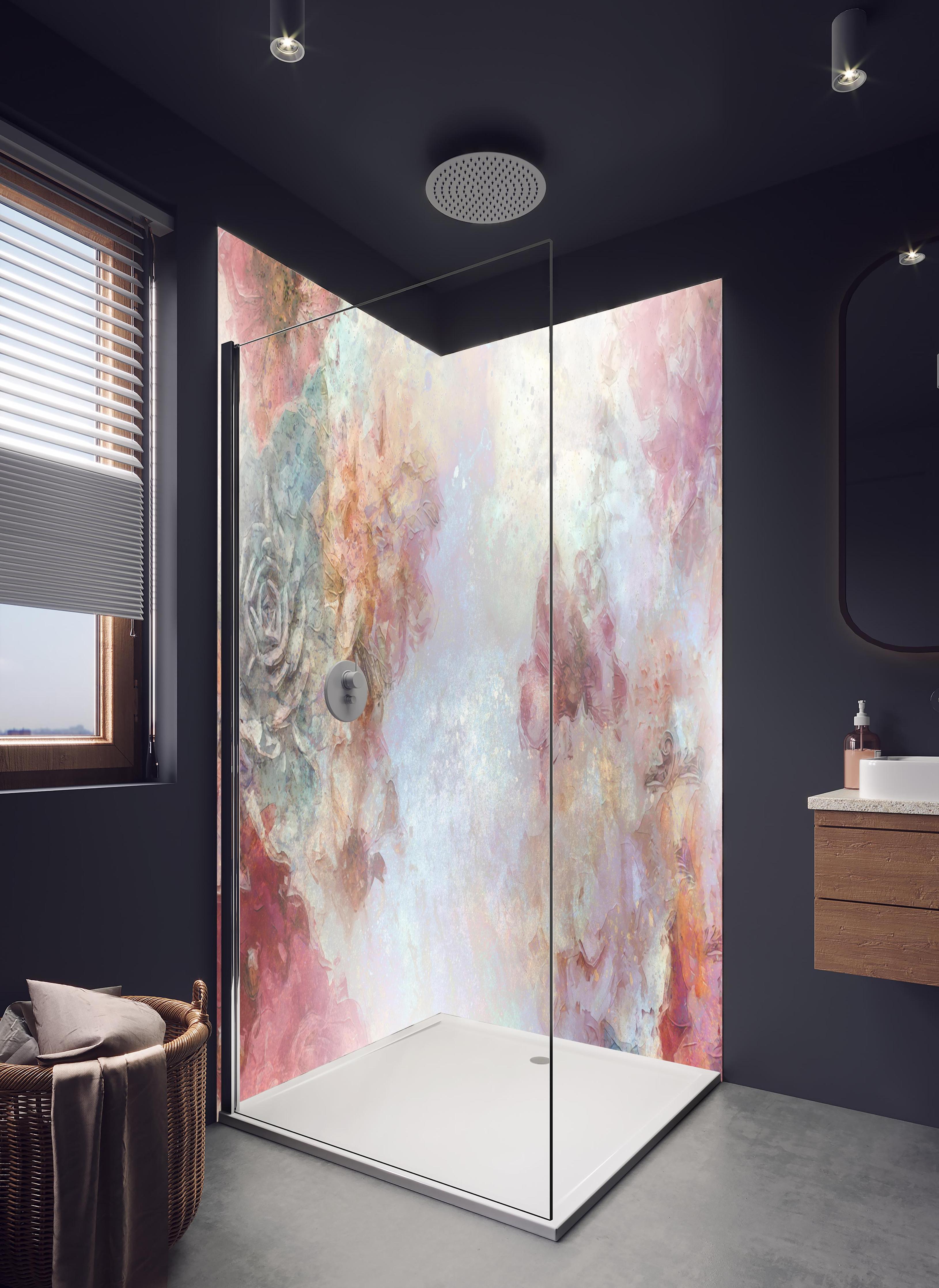 Duschrückwand - Buntes Blumen Portrait in hellem Badezimmer mit Regenduschkopf - zweiteilige Eck-Duschrückwand