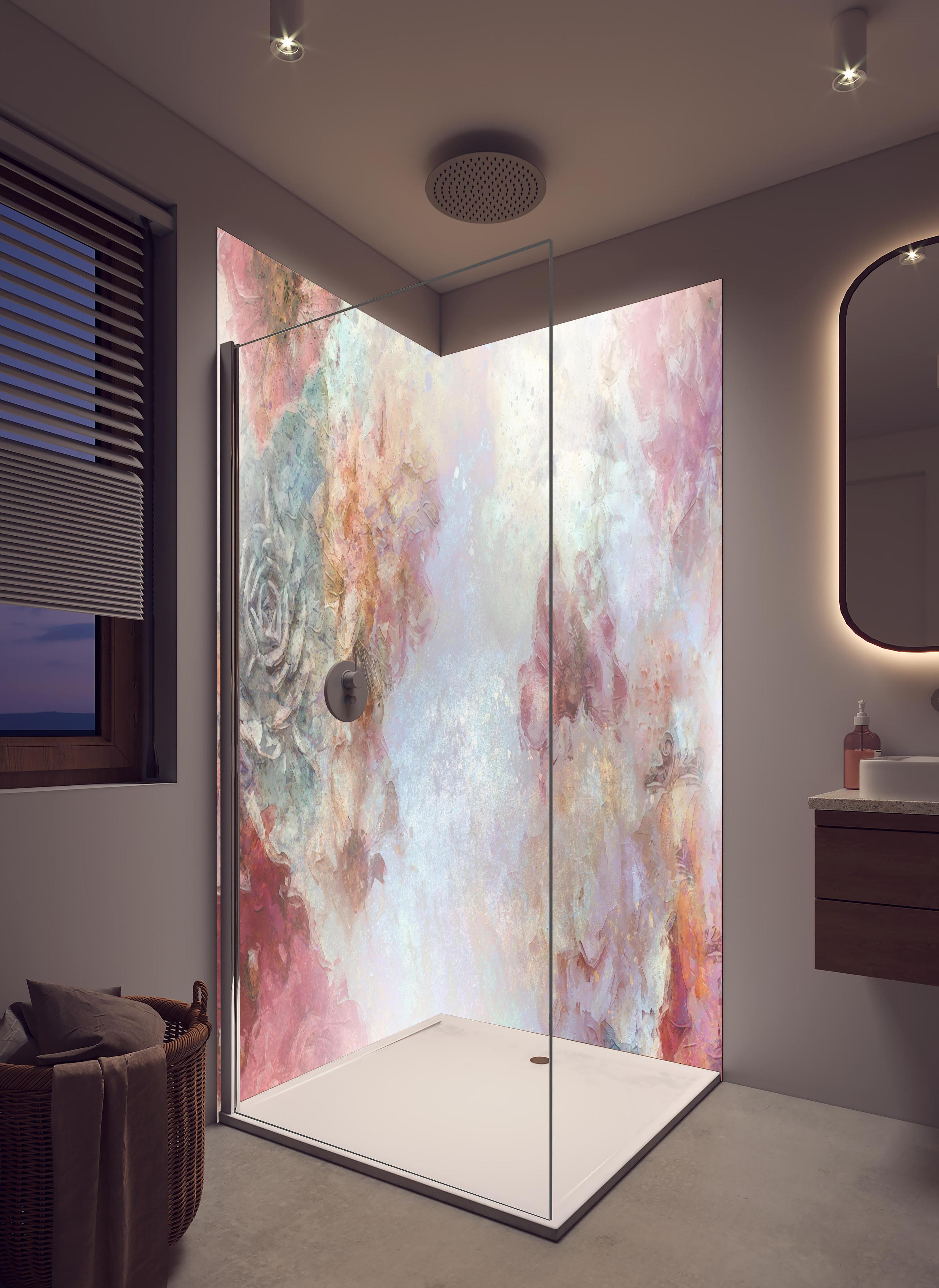 Duschrückwand - Buntes Blumen Portrait in hellem Badezimmer mit Regenduschkopf - zweiteilige Eck-Duschrückwand