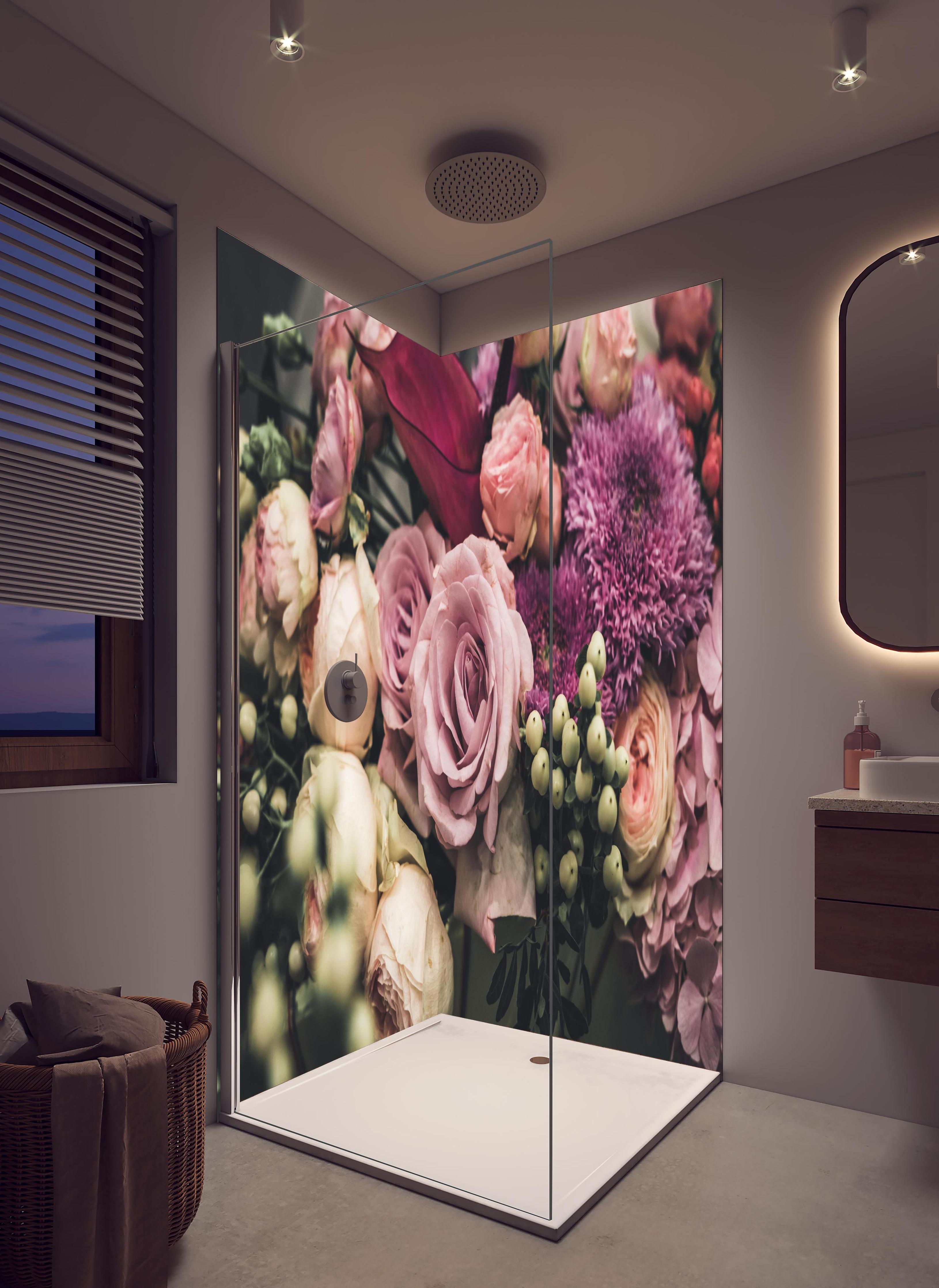 Duschrückwand - Buntes Blumenbouquet in hellem Badezimmer mit Regenduschkopf - zweiteilige Eck-Duschrückwand