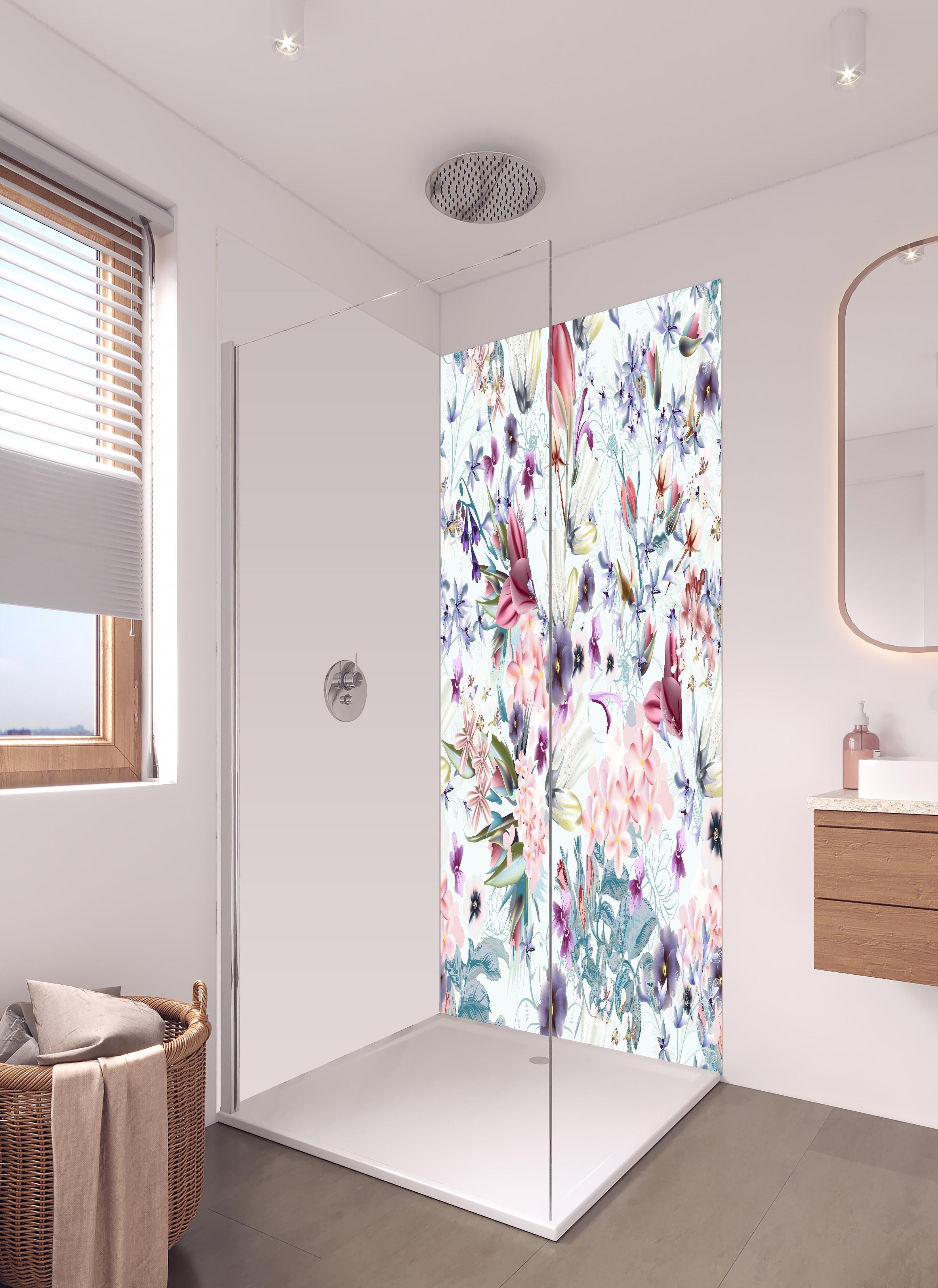 Duschrückwand - Buntes Blumenmuster Pastelltöne Design in hellem Badezimmer mit Regenduschkopf - zweiteilige Eck-Duschrückwand