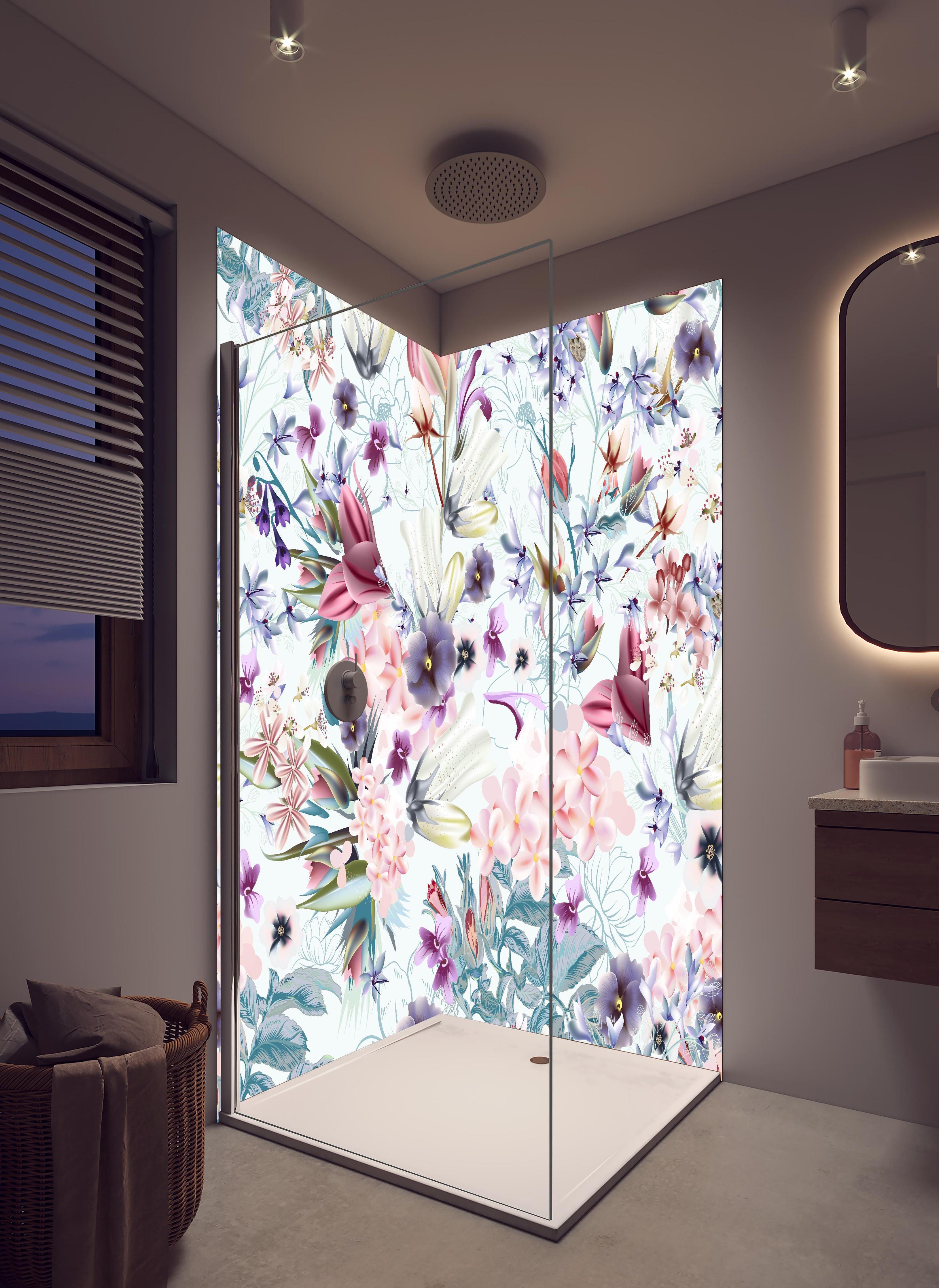 Duschrückwand - Buntes Blumenmuster Pastelltöne Design in hellem Badezimmer mit Regenduschkopf - zweiteilige Eck-Duschrückwand