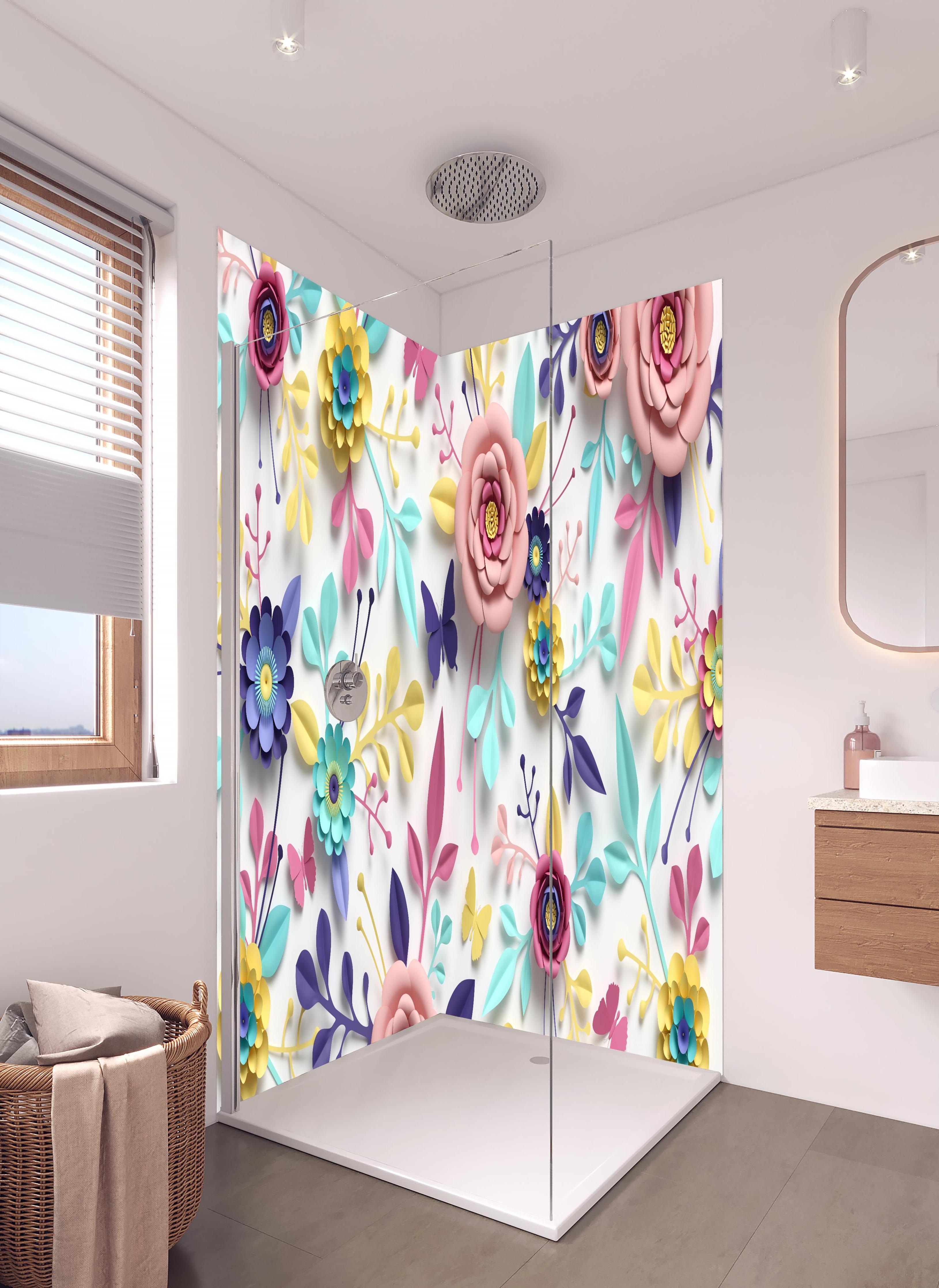 Duschrückwand - Buntes Design - Textur in hellem Badezimmer mit Regenduschkopf - zweiteilige Eck-Duschrückwand