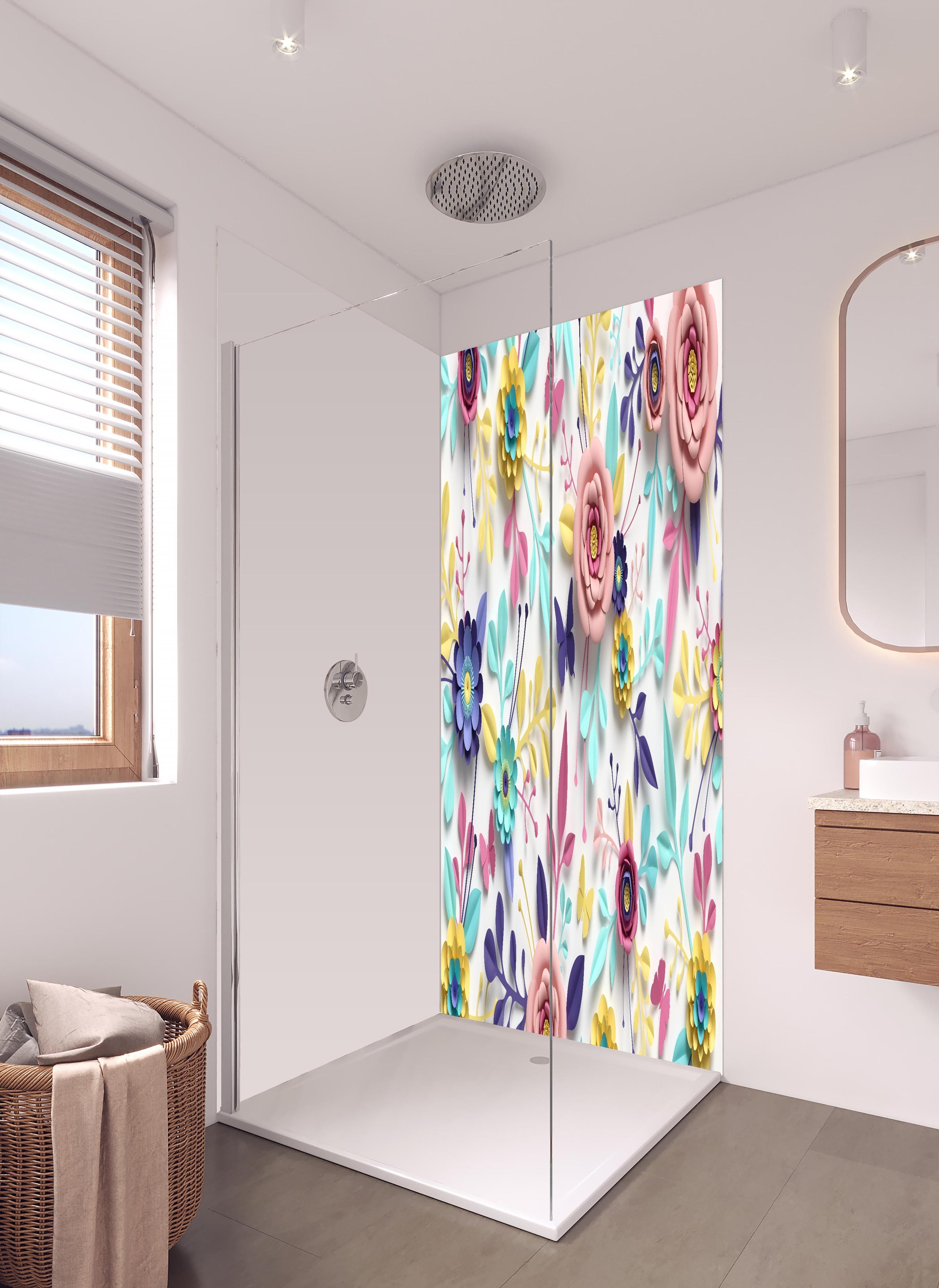 Duschrückwand - Buntes Design - Textur in hellem Badezimmer mit Regenduschkopf - zweiteilige Eck-Duschrückwand