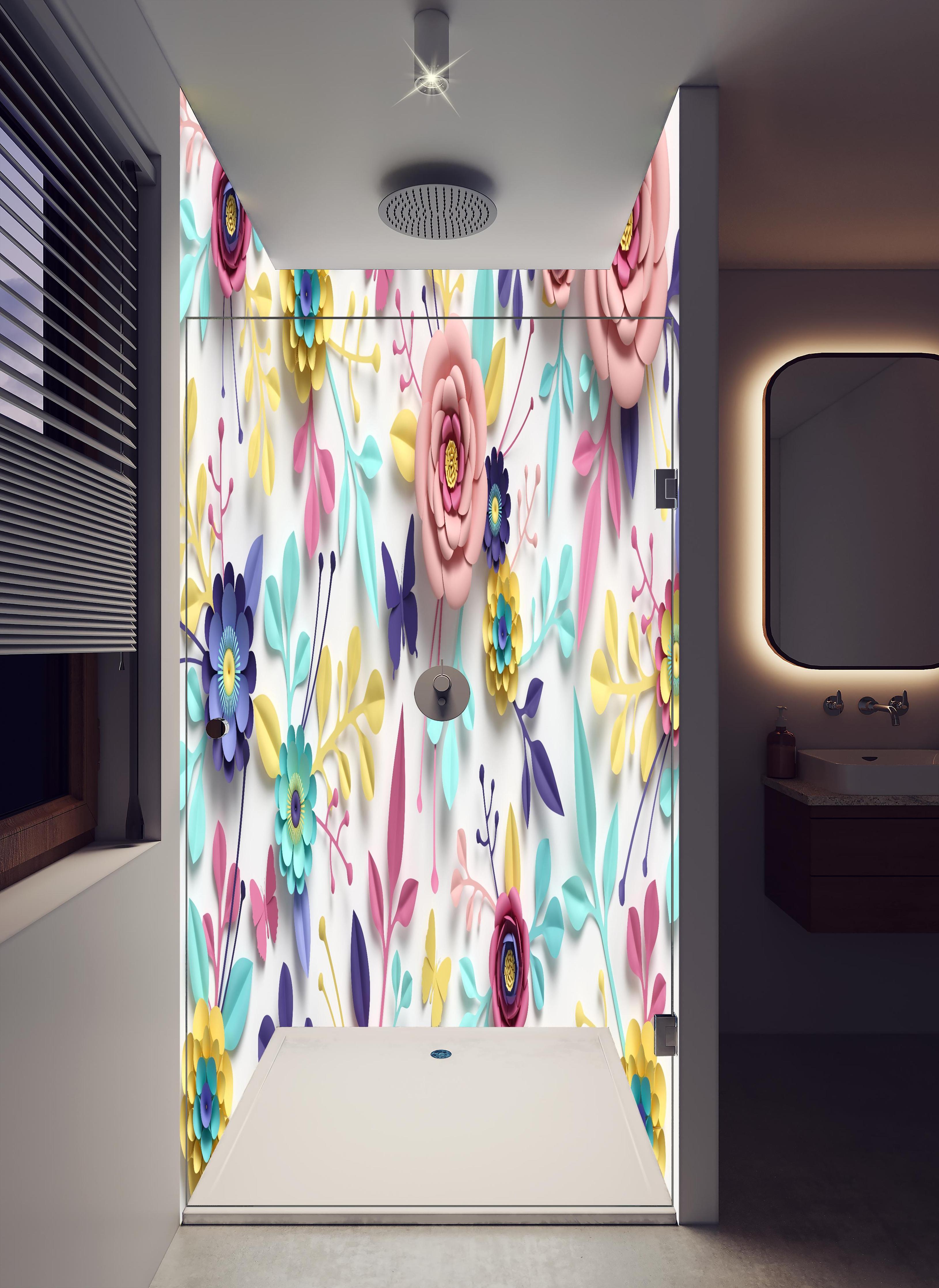 Duschrückwand - Buntes Design - Textur in hellem Badezimmer mit Regenduschkopf - zweiteilige Eck-Duschrückwand