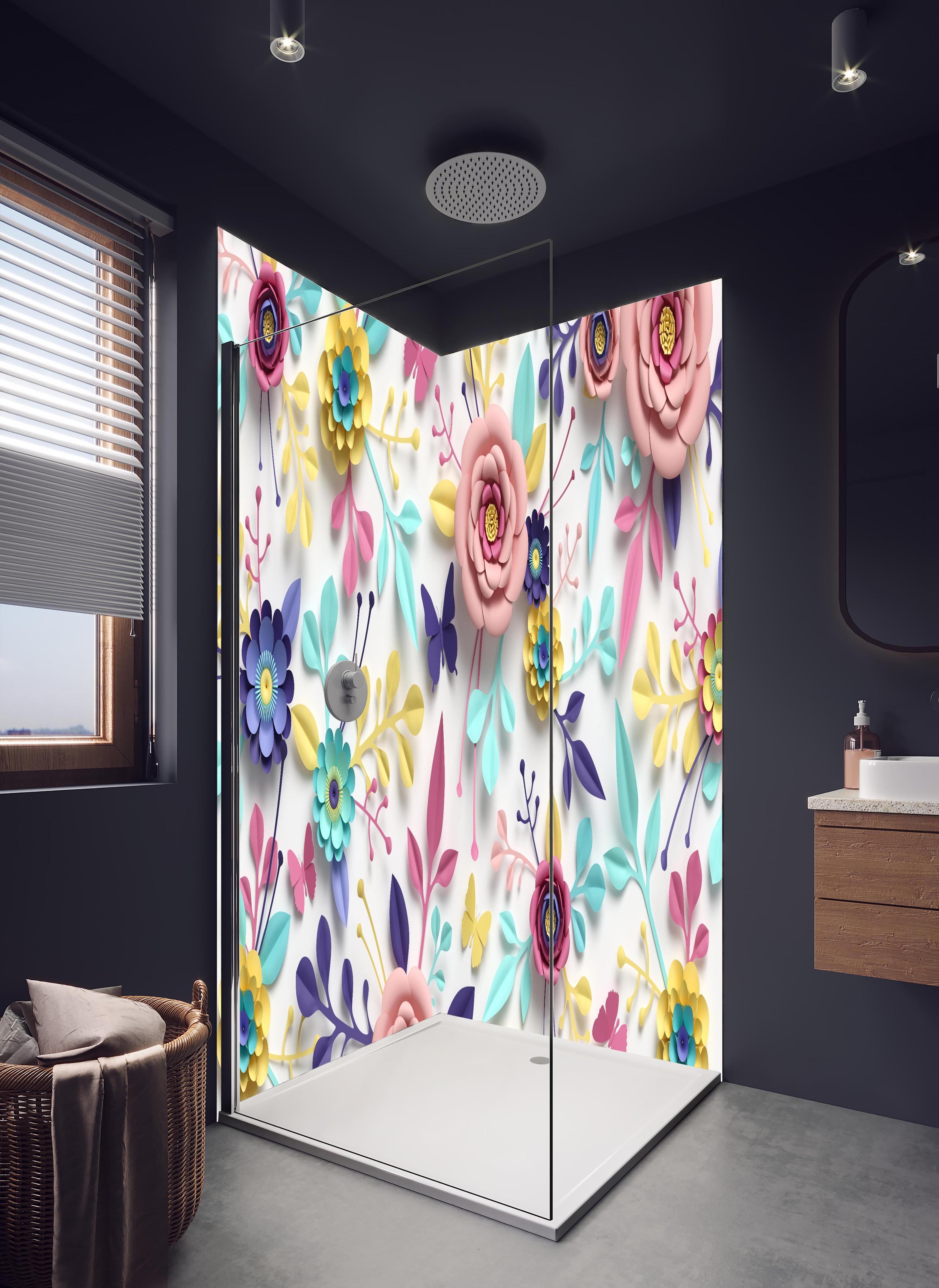 Duschrückwand - Buntes Design - Textur in hellem Badezimmer mit Regenduschkopf - zweiteilige Eck-Duschrückwand