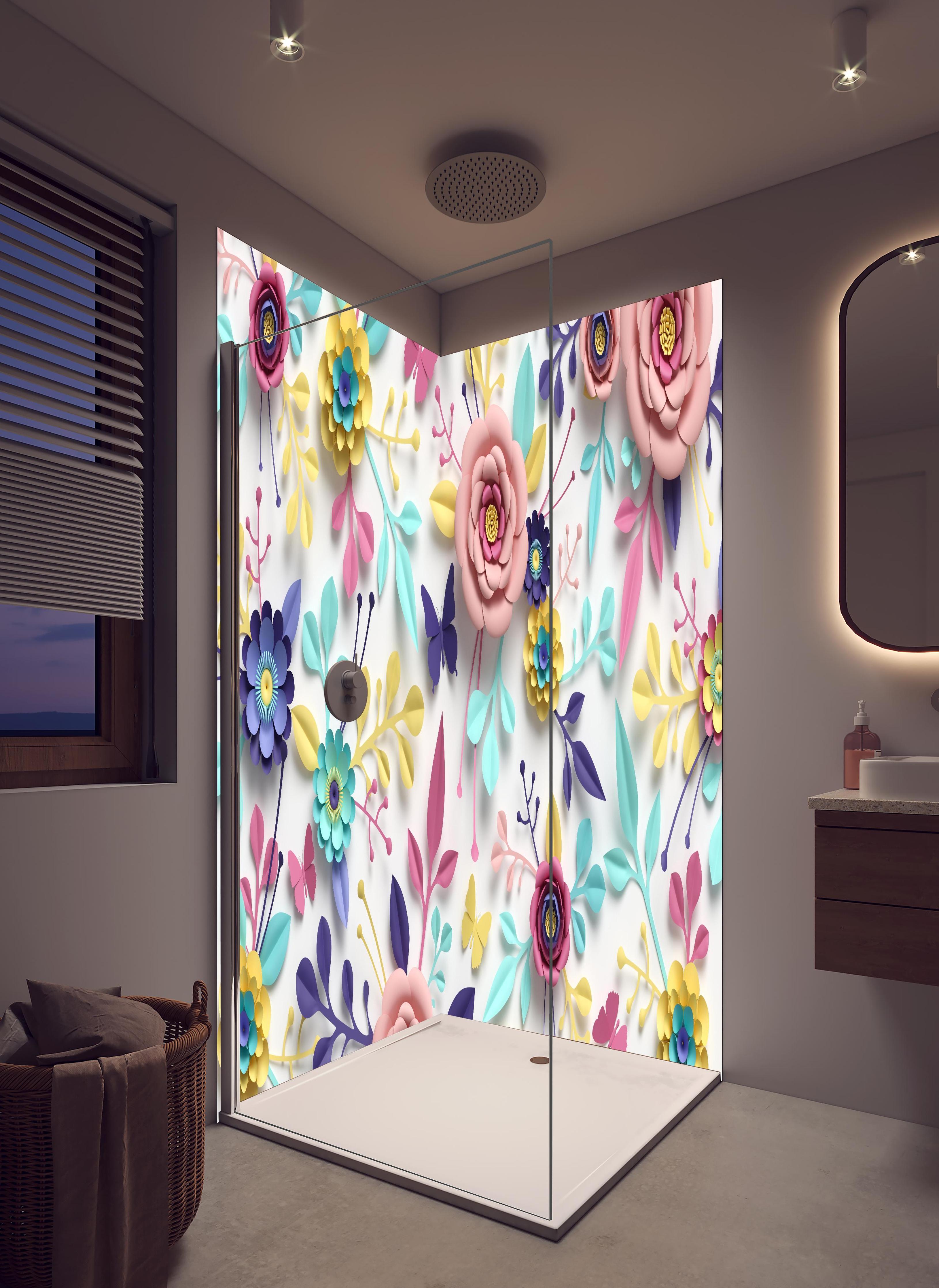 Duschrückwand - Buntes Design - Textur in hellem Badezimmer mit Regenduschkopf - zweiteilige Eck-Duschrückwand