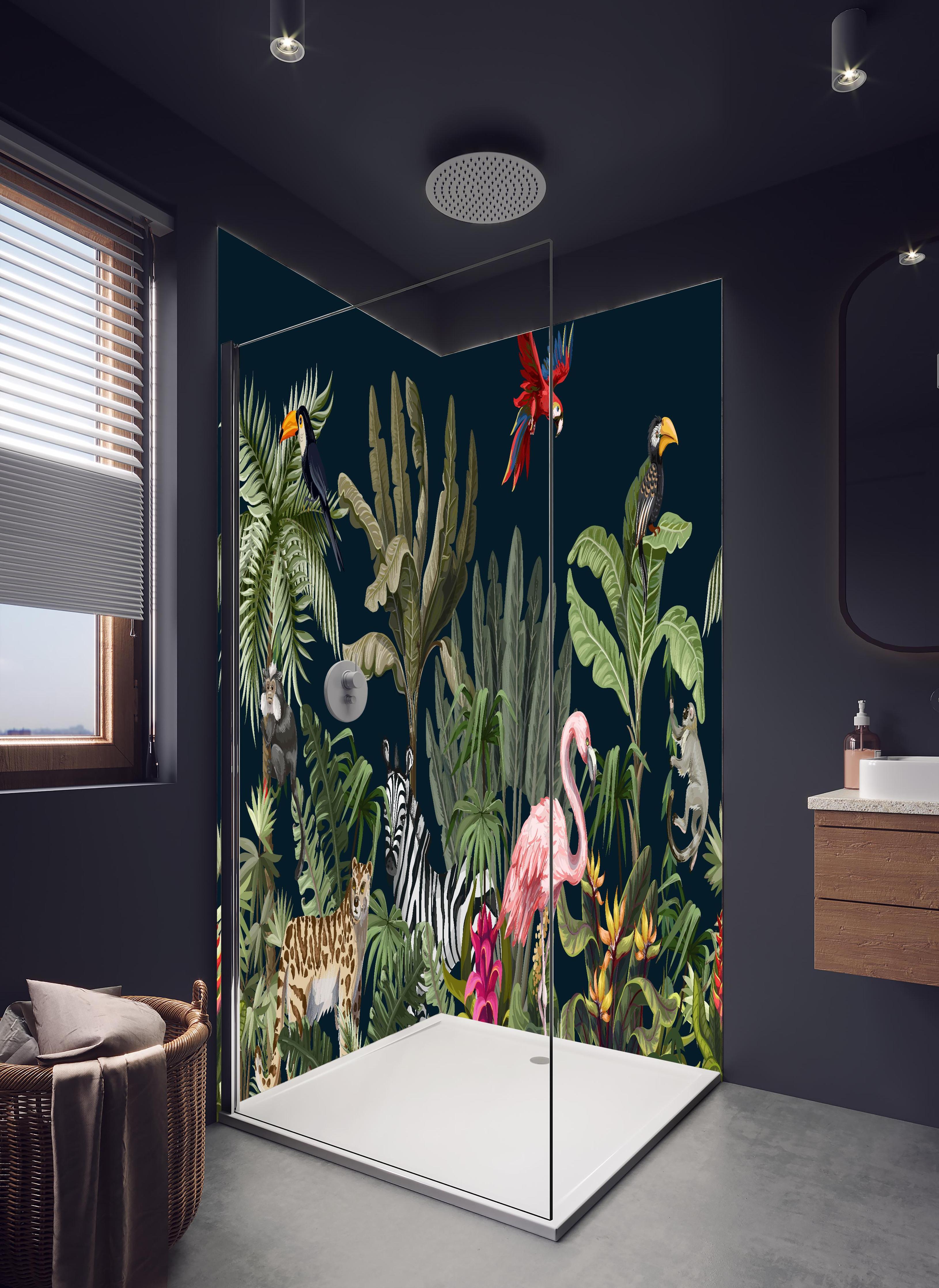 Duschrückwand - Buntes Dschungel Tiermuster Wandbild in hellem Badezimmer mit Regenduschkopf - zweiteilige Eck-Duschrückwand