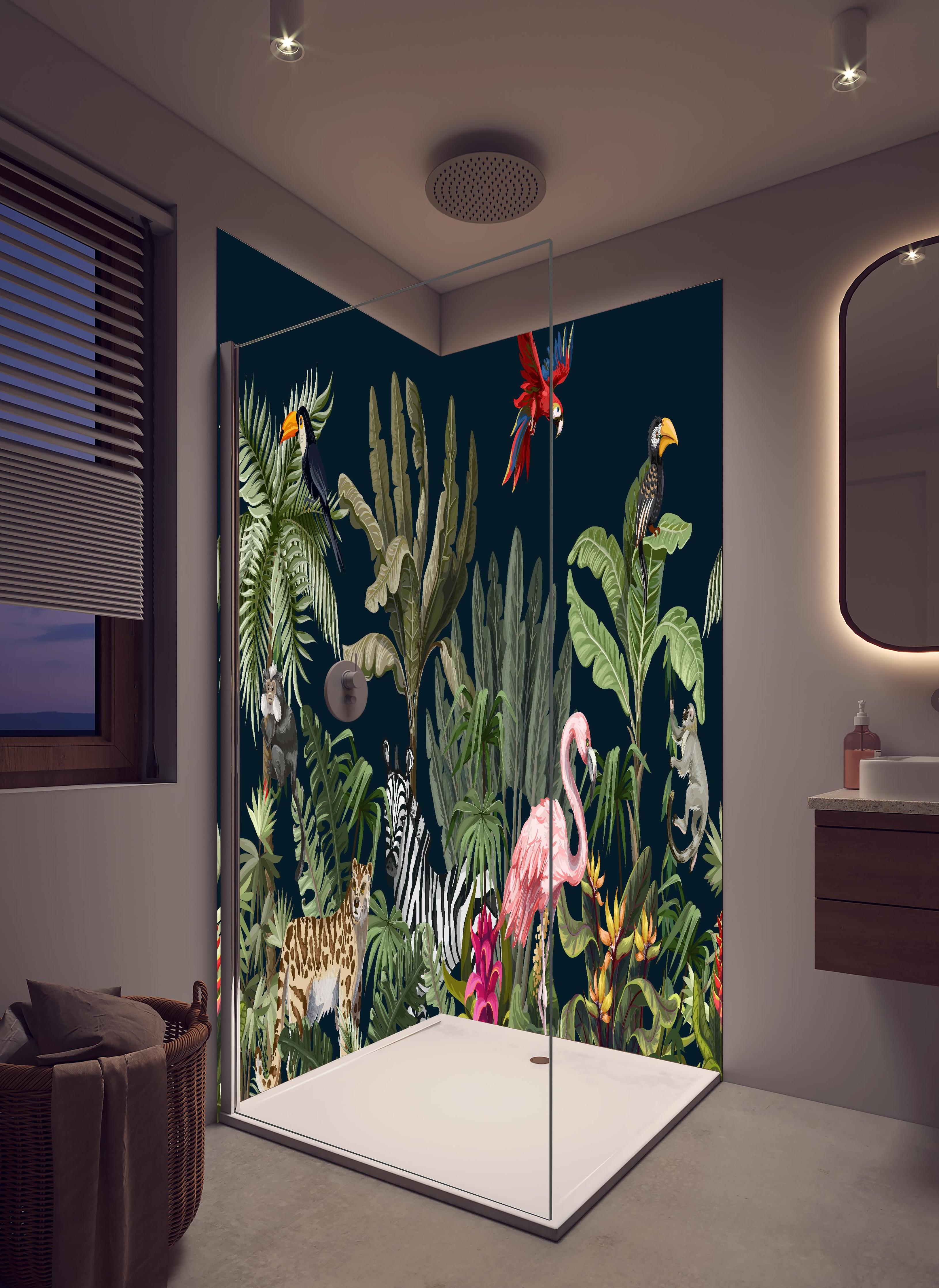 Duschrückwand - Buntes Dschungel Tiermuster Wandbild in hellem Badezimmer mit Regenduschkopf - zweiteilige Eck-Duschrückwand
