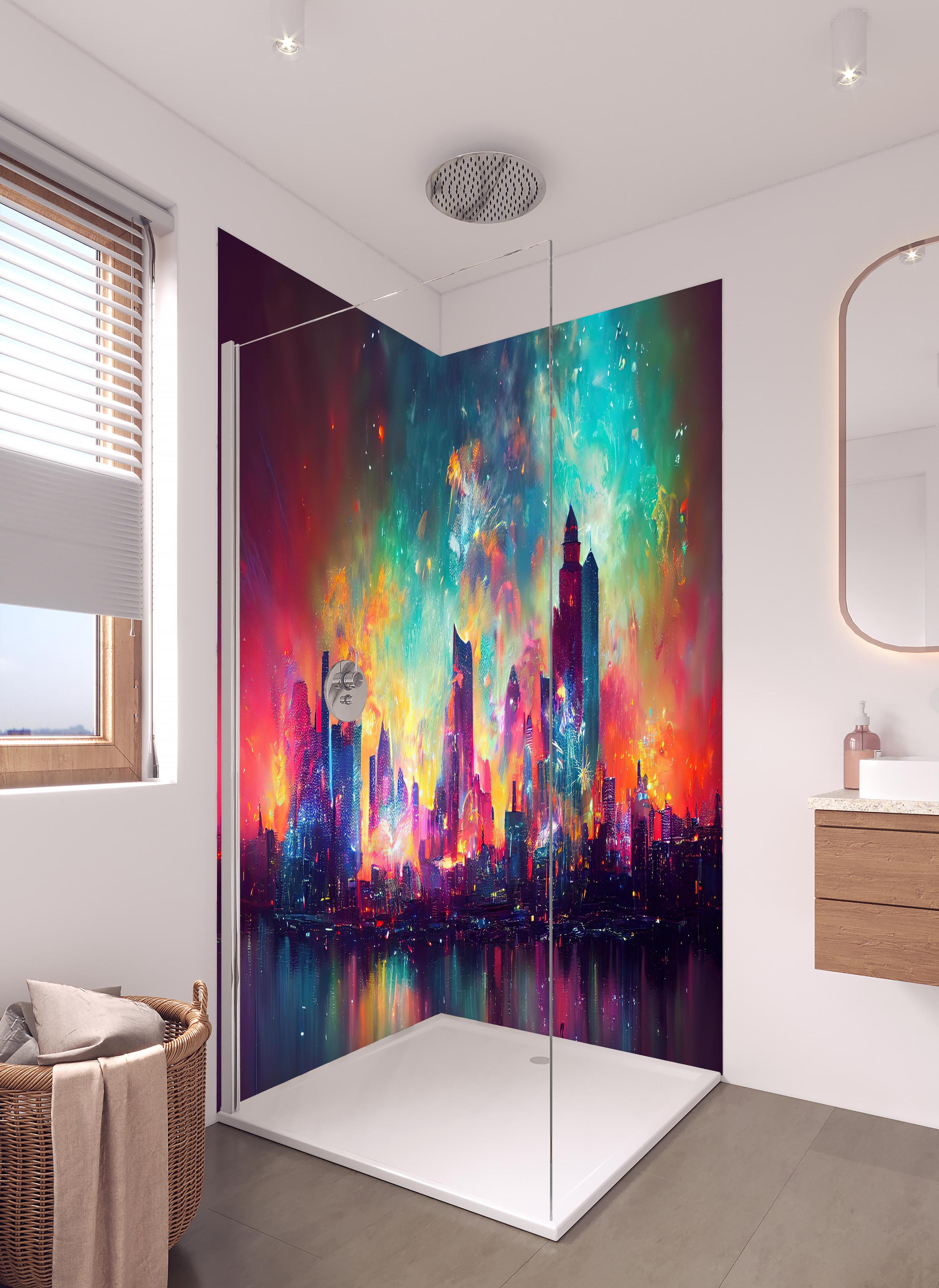 Duschrückwand - Buntes Feuerwerk bei Nacht - Graphik in hellem Badezimmer mit Regenduschkopf - zweiteilige Eck-Duschrückwand