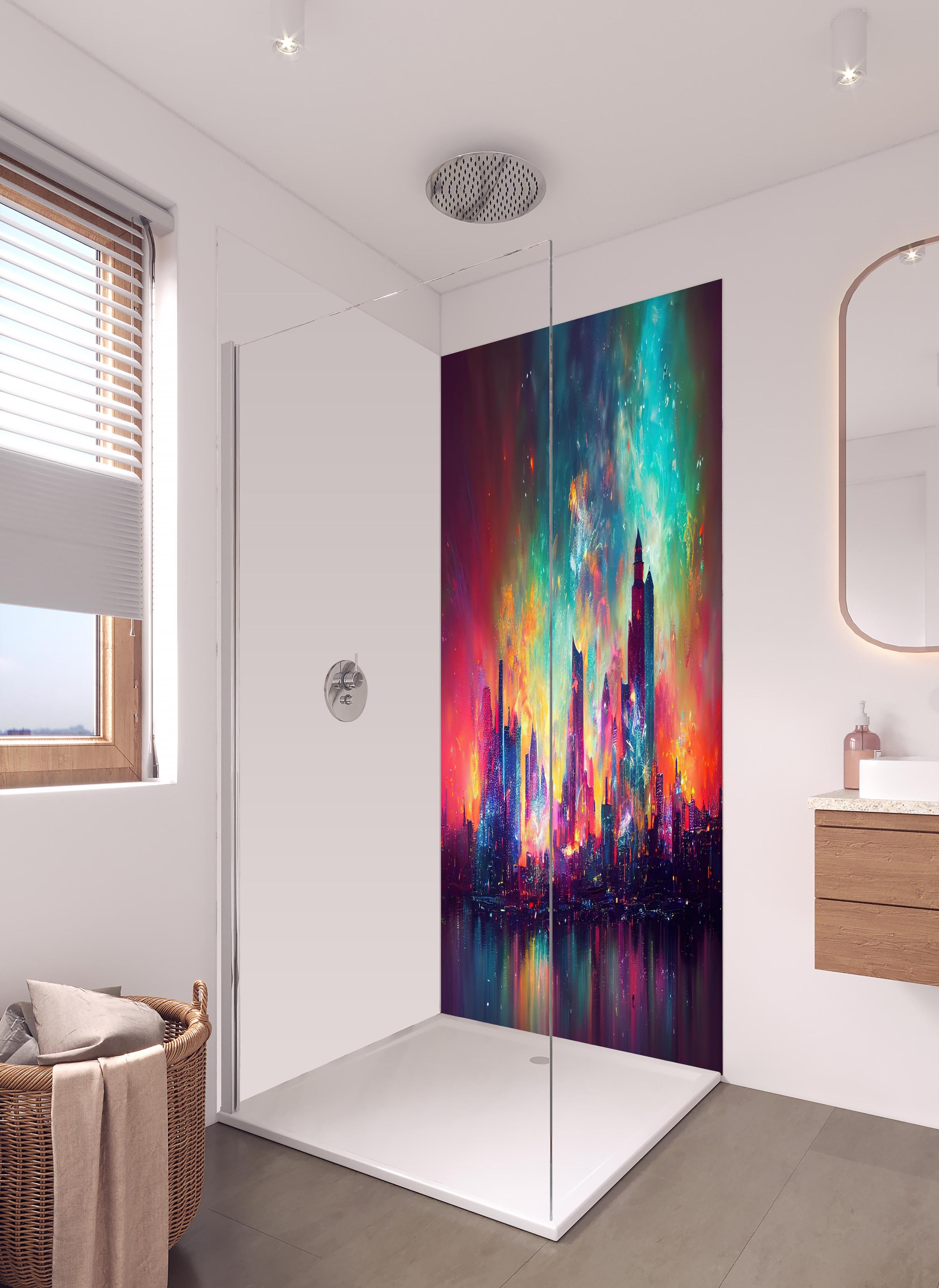 Duschrückwand - Buntes Feuerwerk bei Nacht - Graphik in hellem Badezimmer mit Regenduschkopf - zweiteilige Eck-Duschrückwand