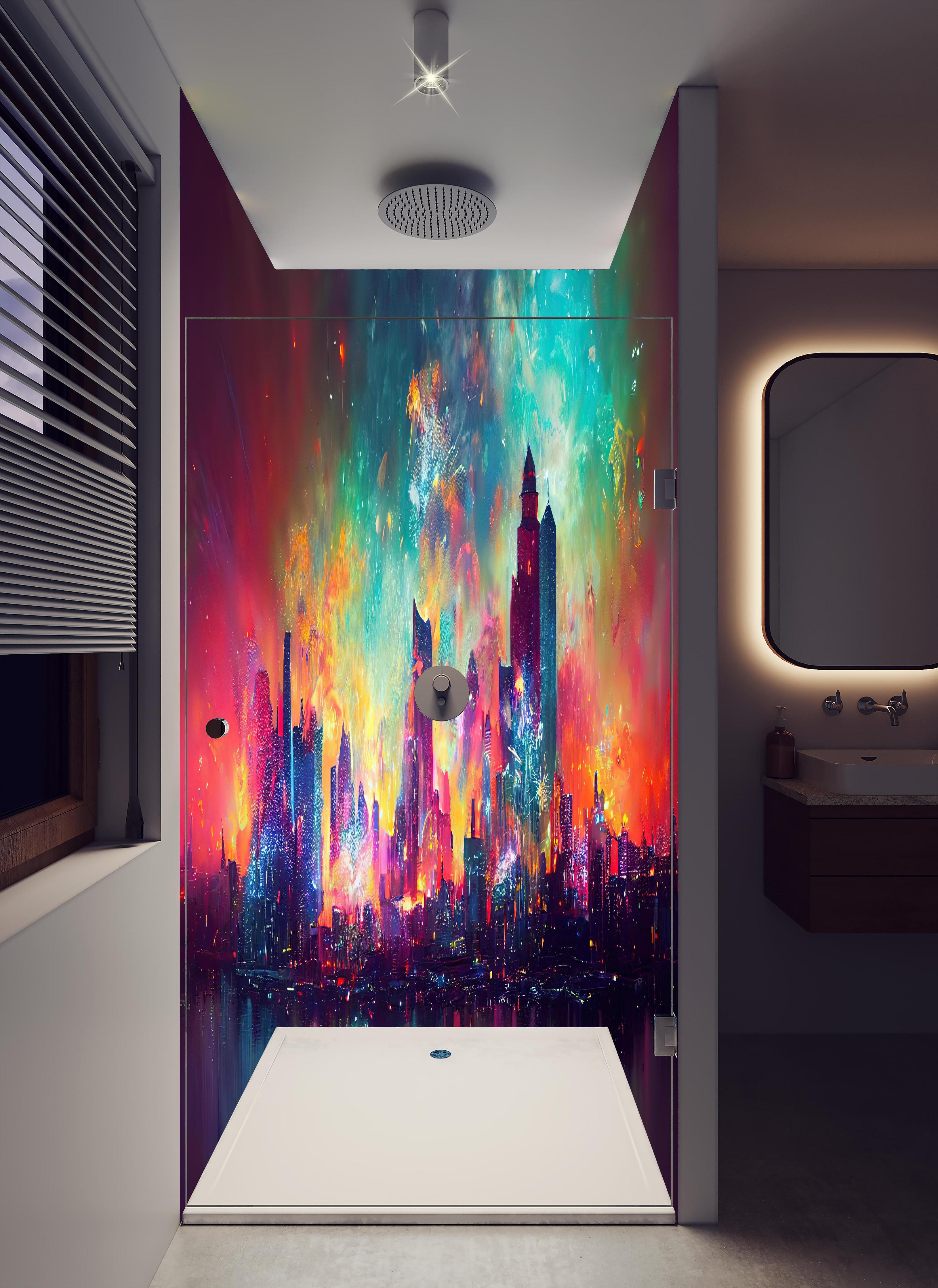 Duschrückwand - Buntes Feuerwerk bei Nacht - Graphik in hellem Badezimmer mit Regenduschkopf - zweiteilige Eck-Duschrückwand