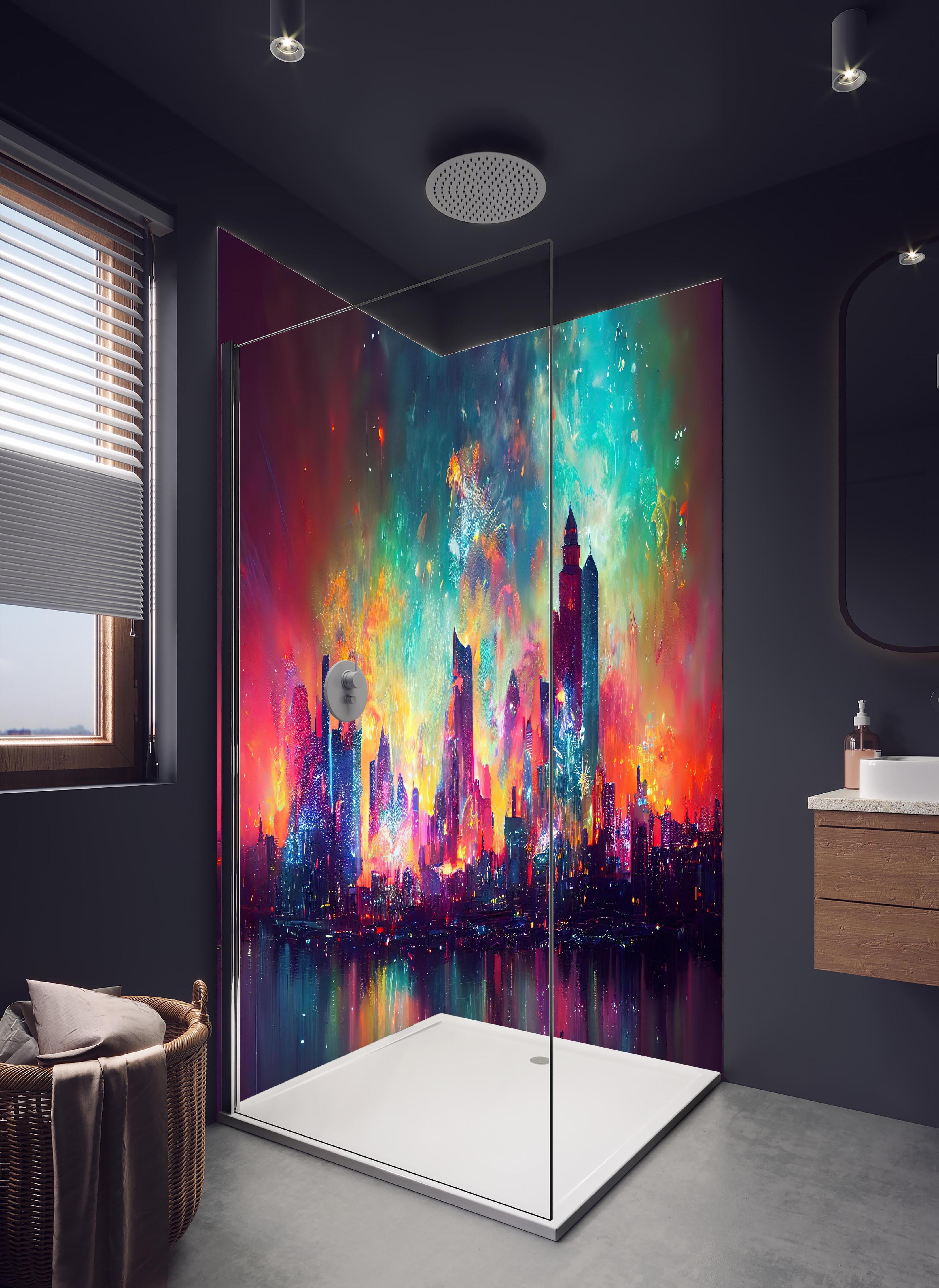 Duschrückwand - Buntes Feuerwerk bei Nacht - Graphik in hellem Badezimmer mit Regenduschkopf - zweiteilige Eck-Duschrückwand