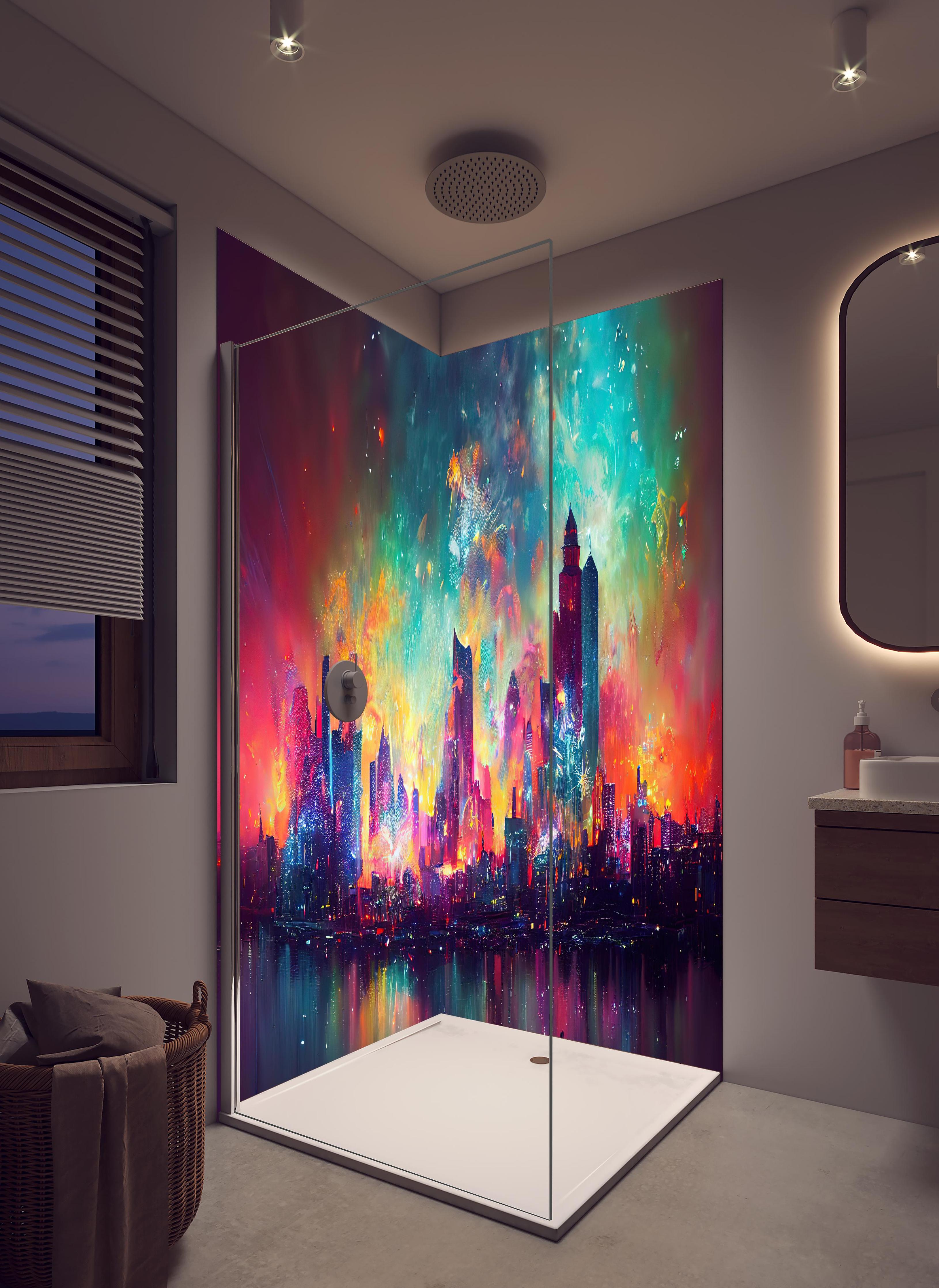Duschrückwand - Buntes Feuerwerk bei Nacht - Graphik in hellem Badezimmer mit Regenduschkopf - zweiteilige Eck-Duschrückwand