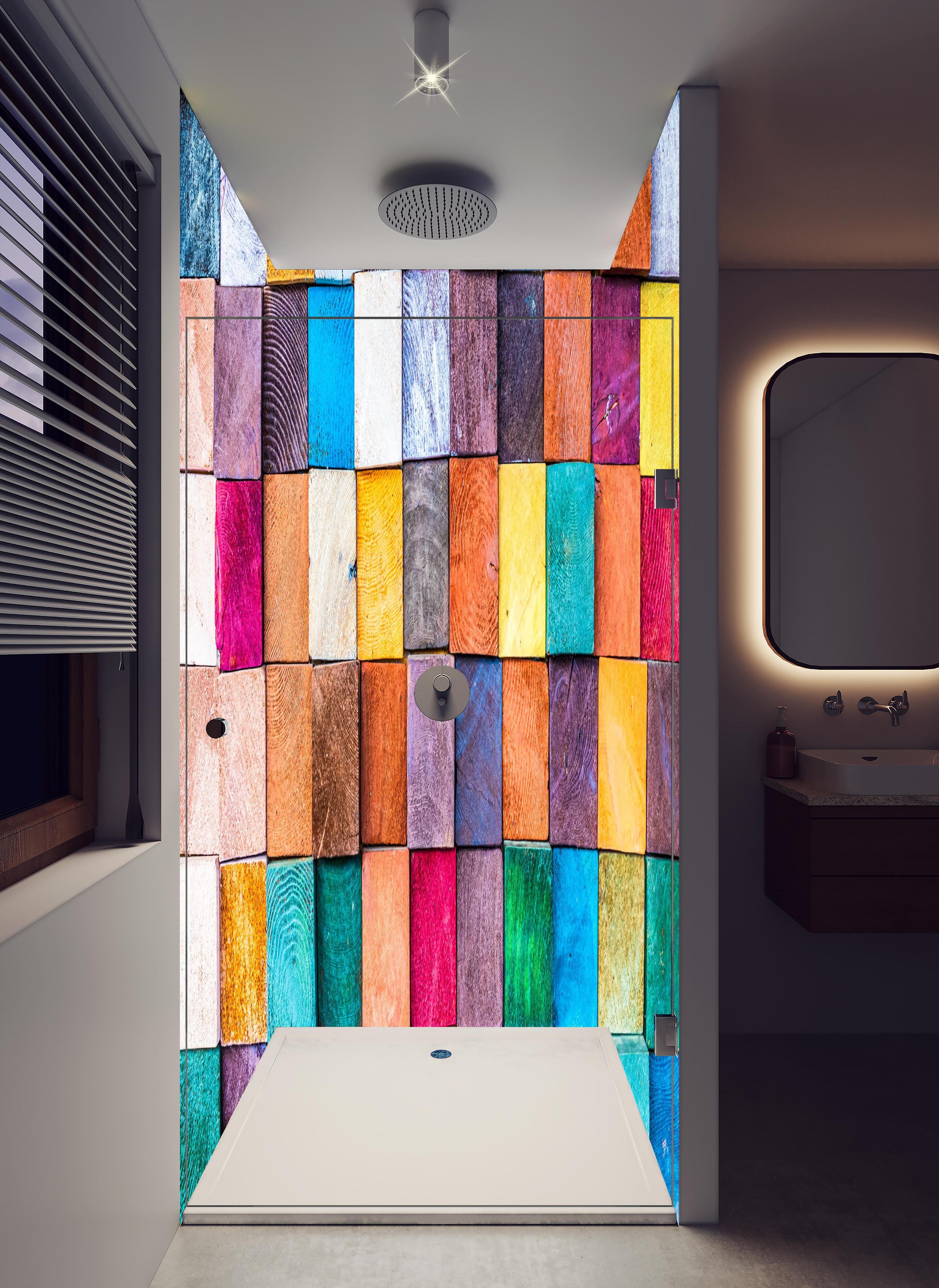 Duschrückwand - Buntes Holzstapelmuster in hellem Badezimmer mit Regenduschkopf - zweiteilige Eck-Duschrückwand