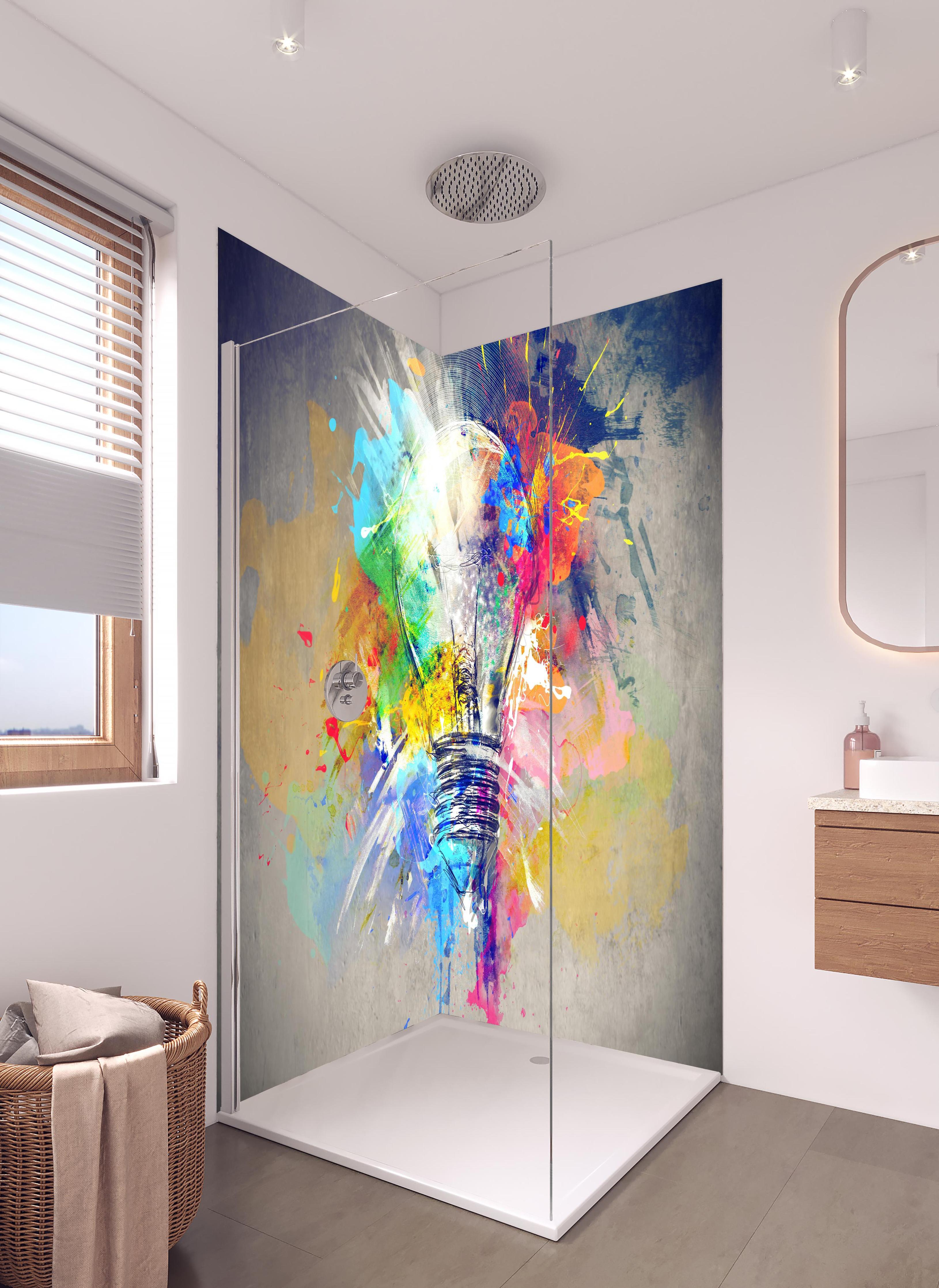 Duschrückwand - Buntes Licht in hellem Badezimmer mit Regenduschkopf - zweiteilige Eck-Duschrückwand