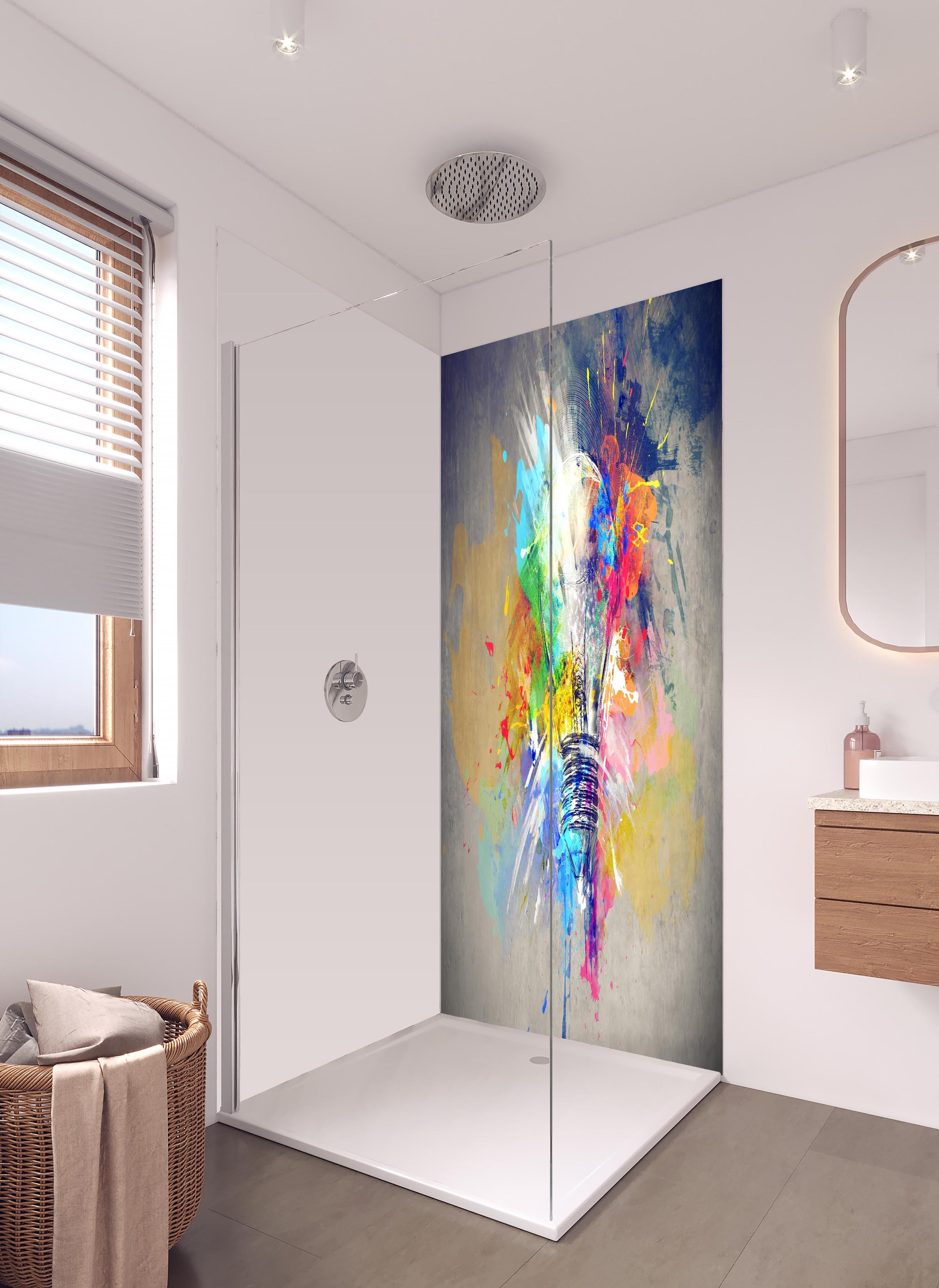 Duschrückwand - Buntes Licht in hellem Badezimmer mit Regenduschkopf - zweiteilige Eck-Duschrückwand
