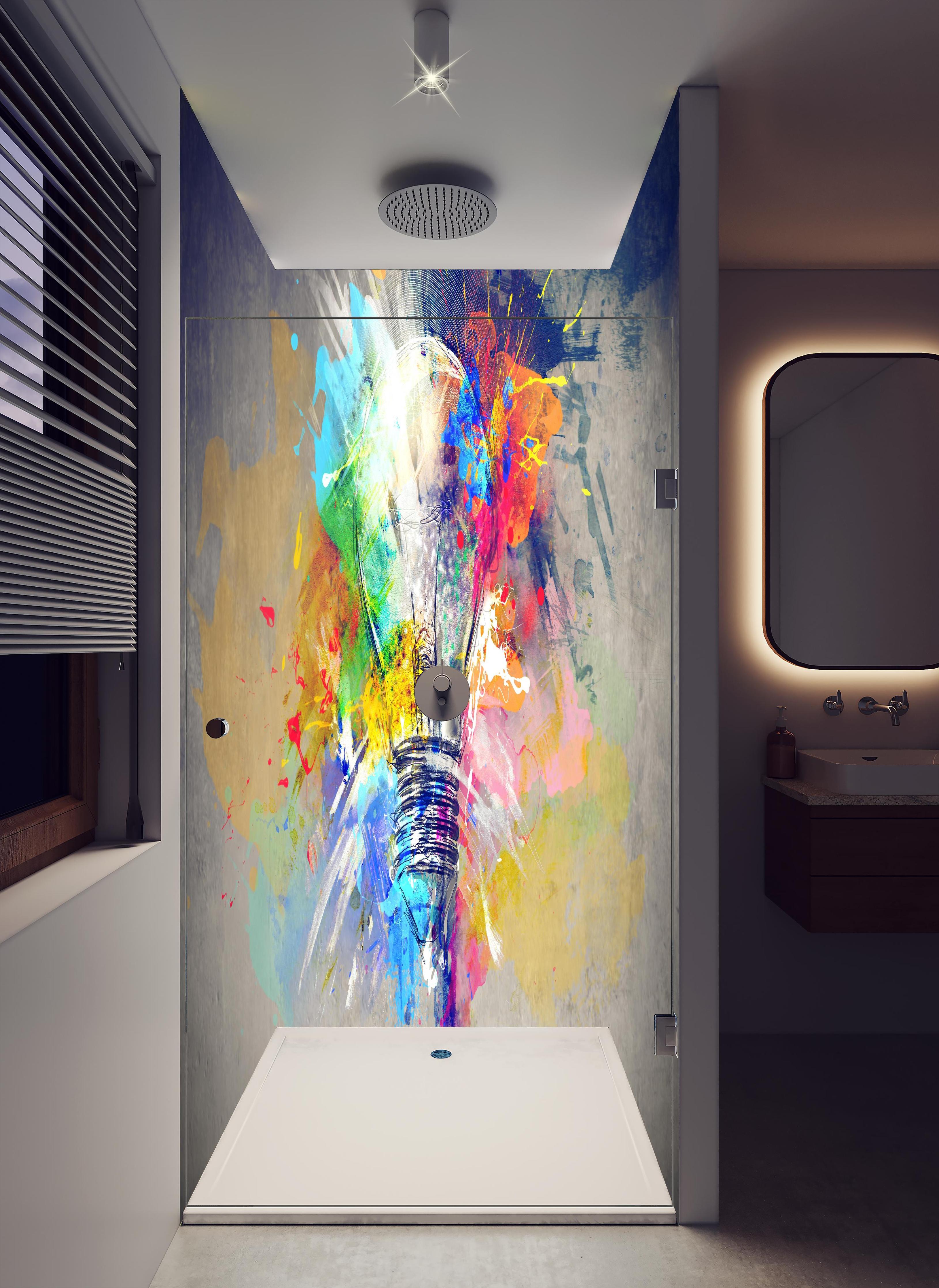 Duschrückwand - Buntes Licht in hellem Badezimmer mit Regenduschkopf - zweiteilige Eck-Duschrückwand