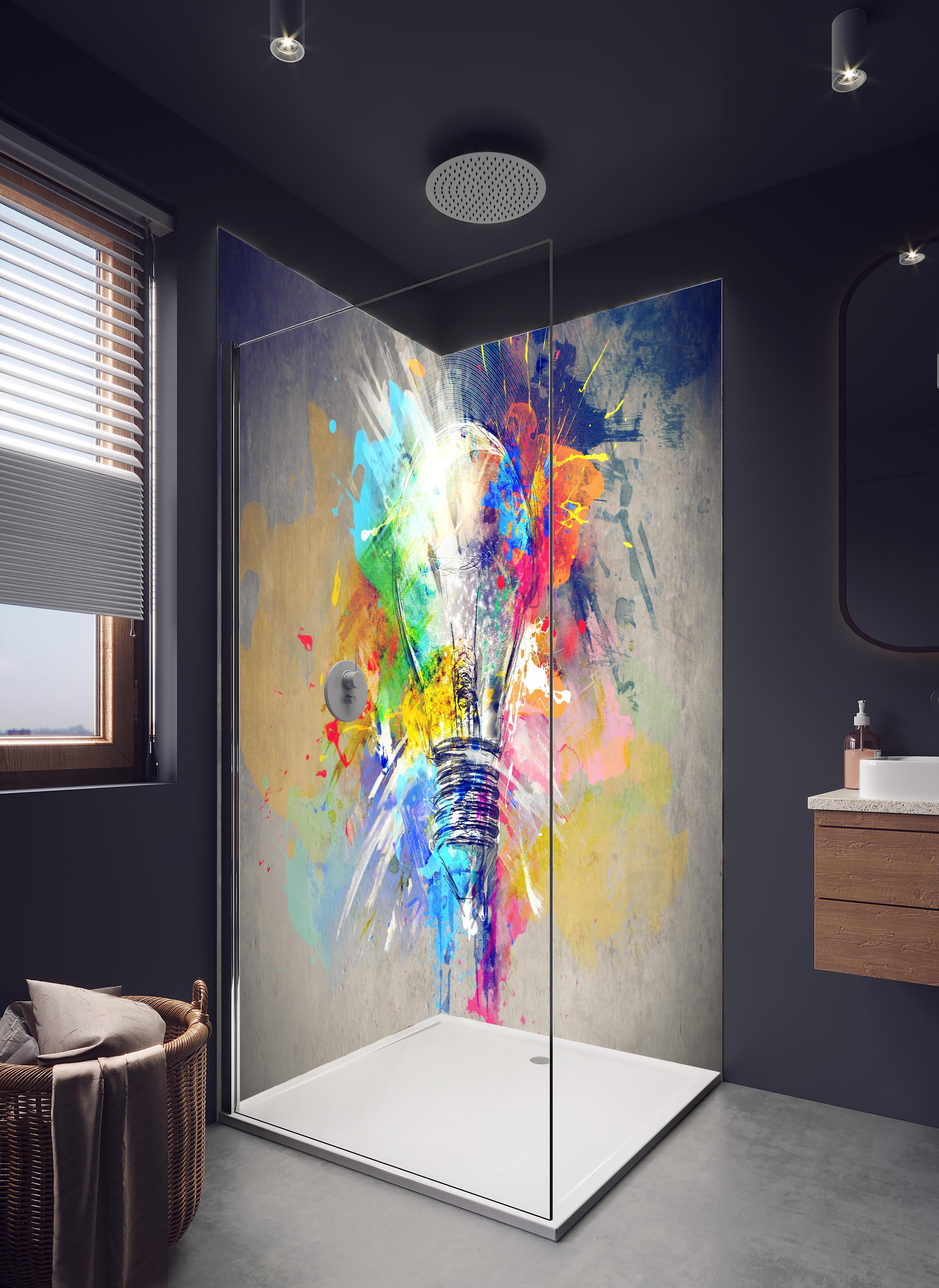 Duschrückwand - Buntes Licht in hellem Badezimmer mit Regenduschkopf - zweiteilige Eck-Duschrückwand
