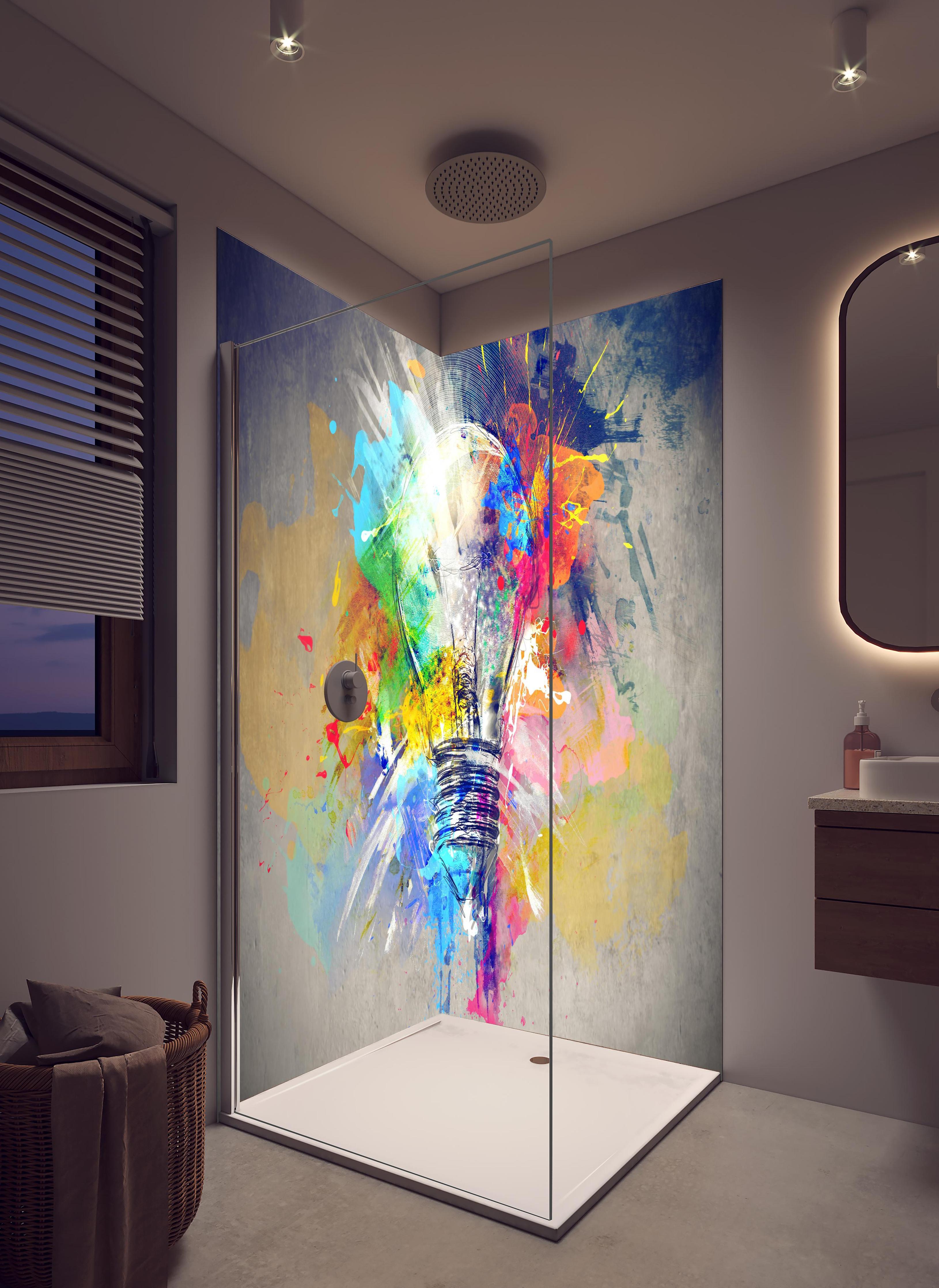 Duschrückwand - Buntes Licht in hellem Badezimmer mit Regenduschkopf - zweiteilige Eck-Duschrückwand
