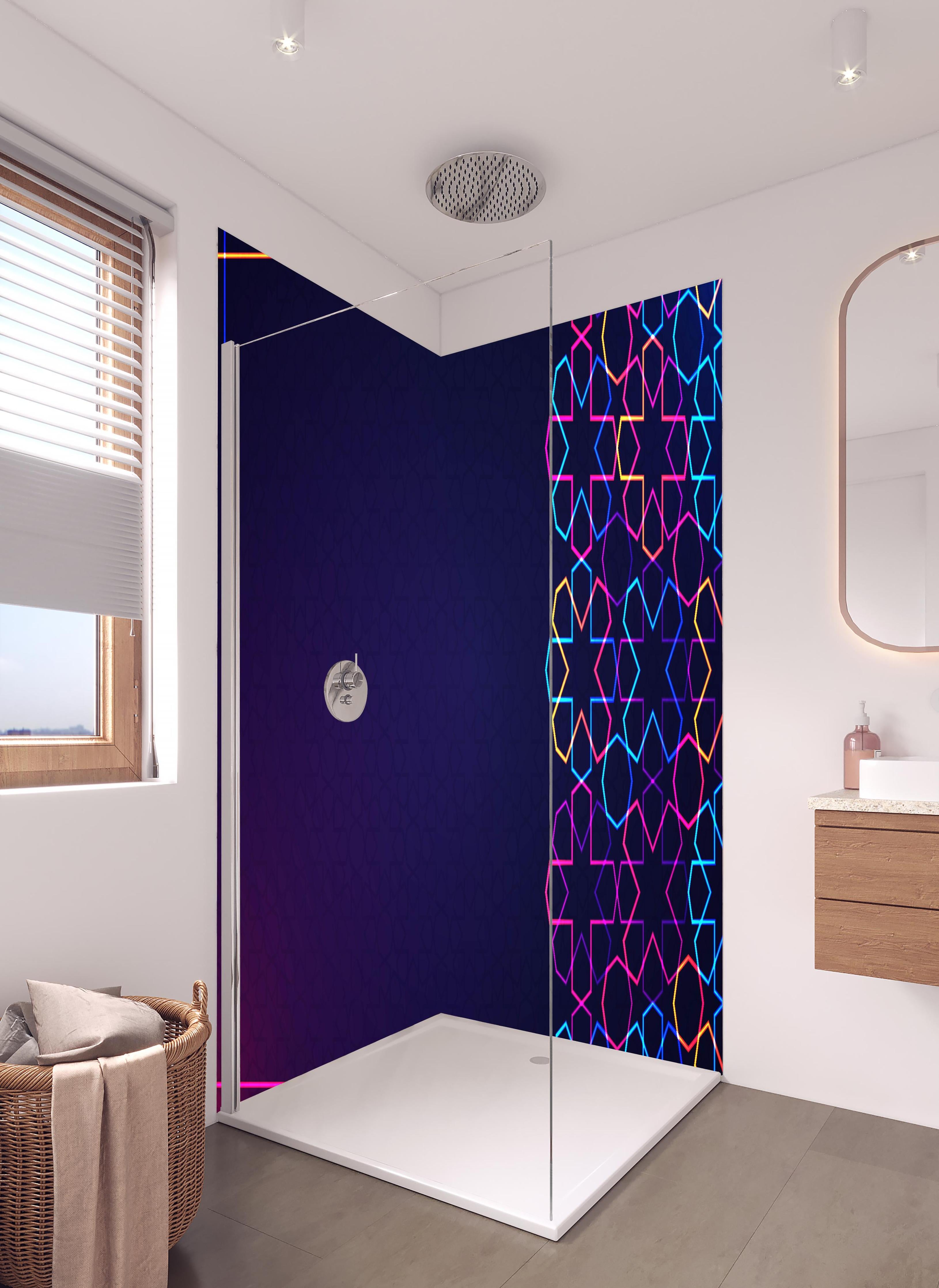 Duschrückwand - Buntes Neon Eid Mubarak Design in hellem Badezimmer mit Regenduschkopf - zweiteilige Eck-Duschrückwand
