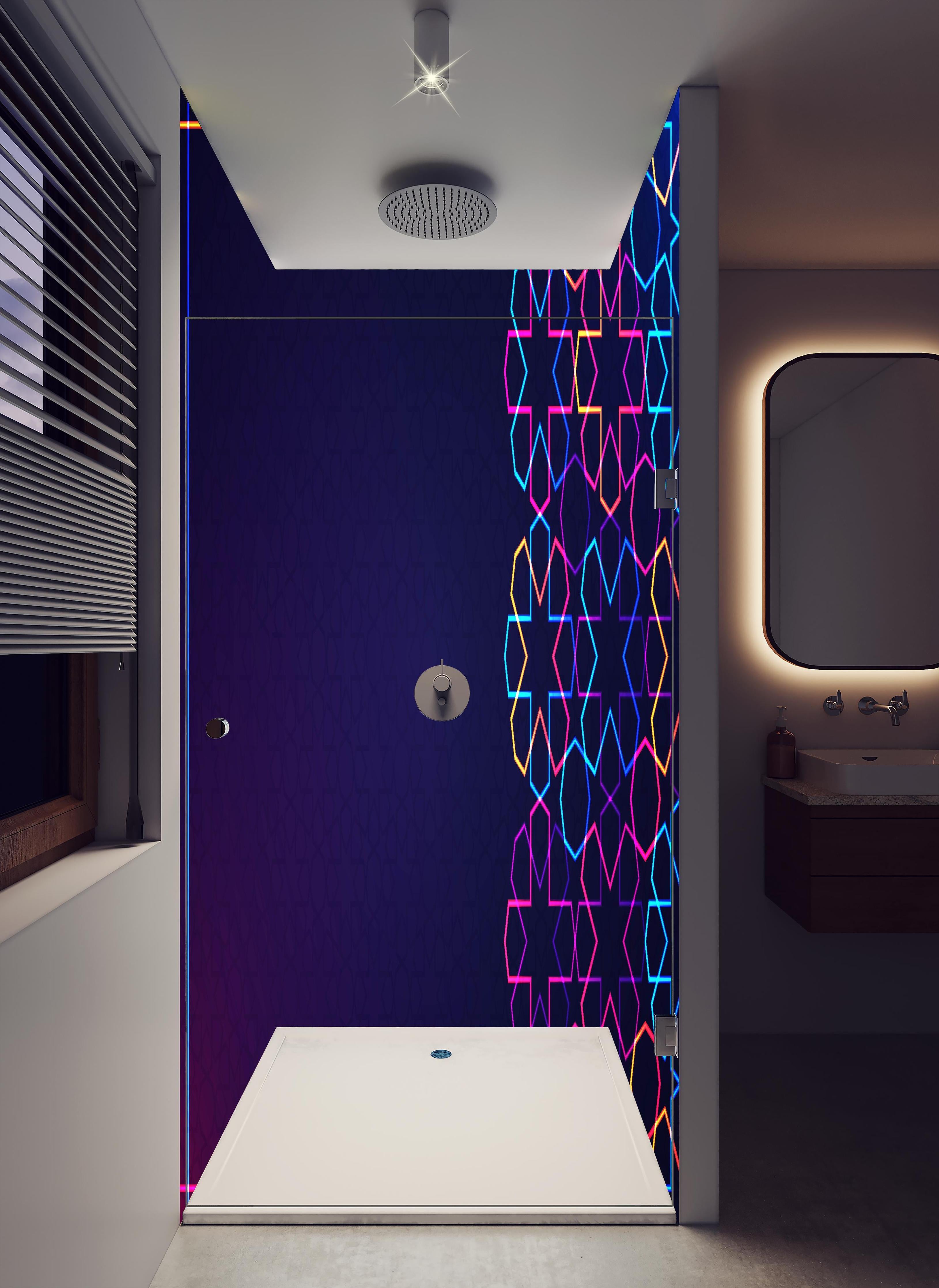 Duschrückwand - Buntes Neon Eid Mubarak Design in hellem Badezimmer mit Regenduschkopf - zweiteilige Eck-Duschrückwand