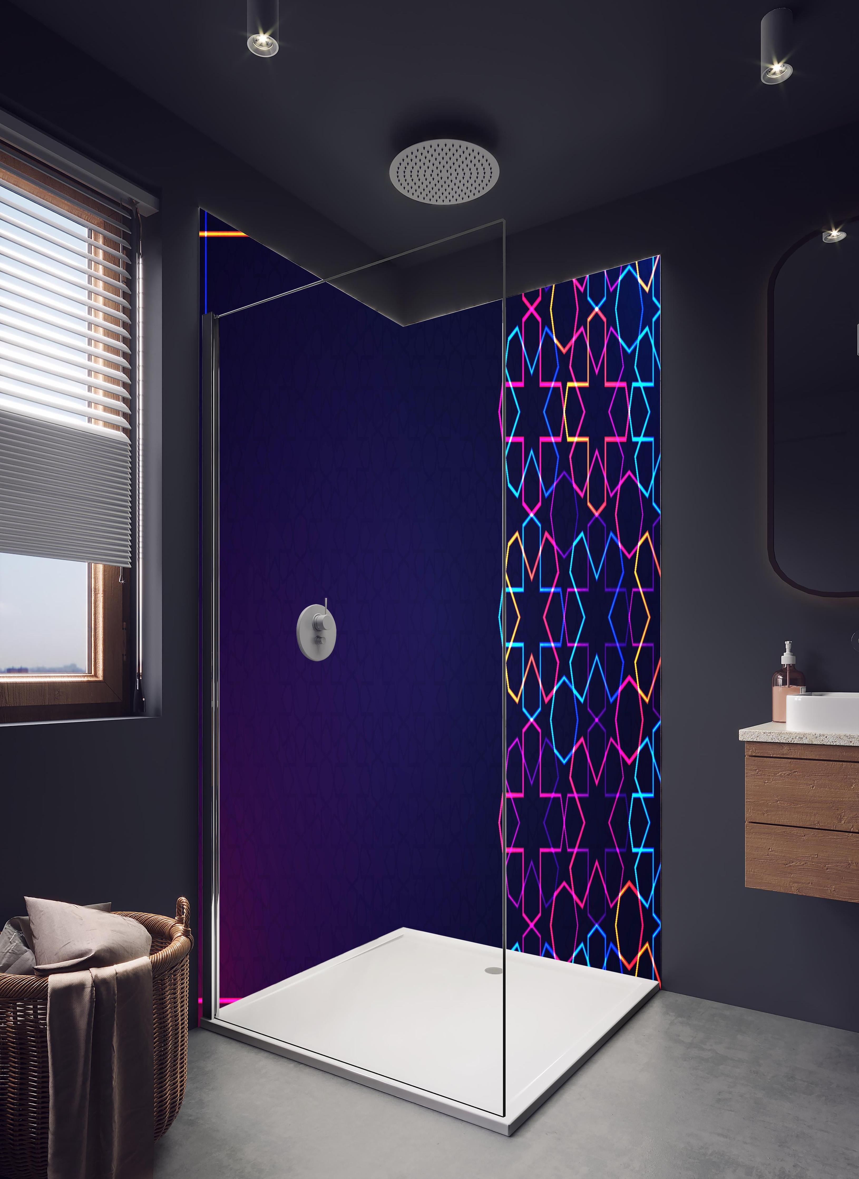 Duschrückwand - Buntes Neon Eid Mubarak Design in hellem Badezimmer mit Regenduschkopf - zweiteilige Eck-Duschrückwand
