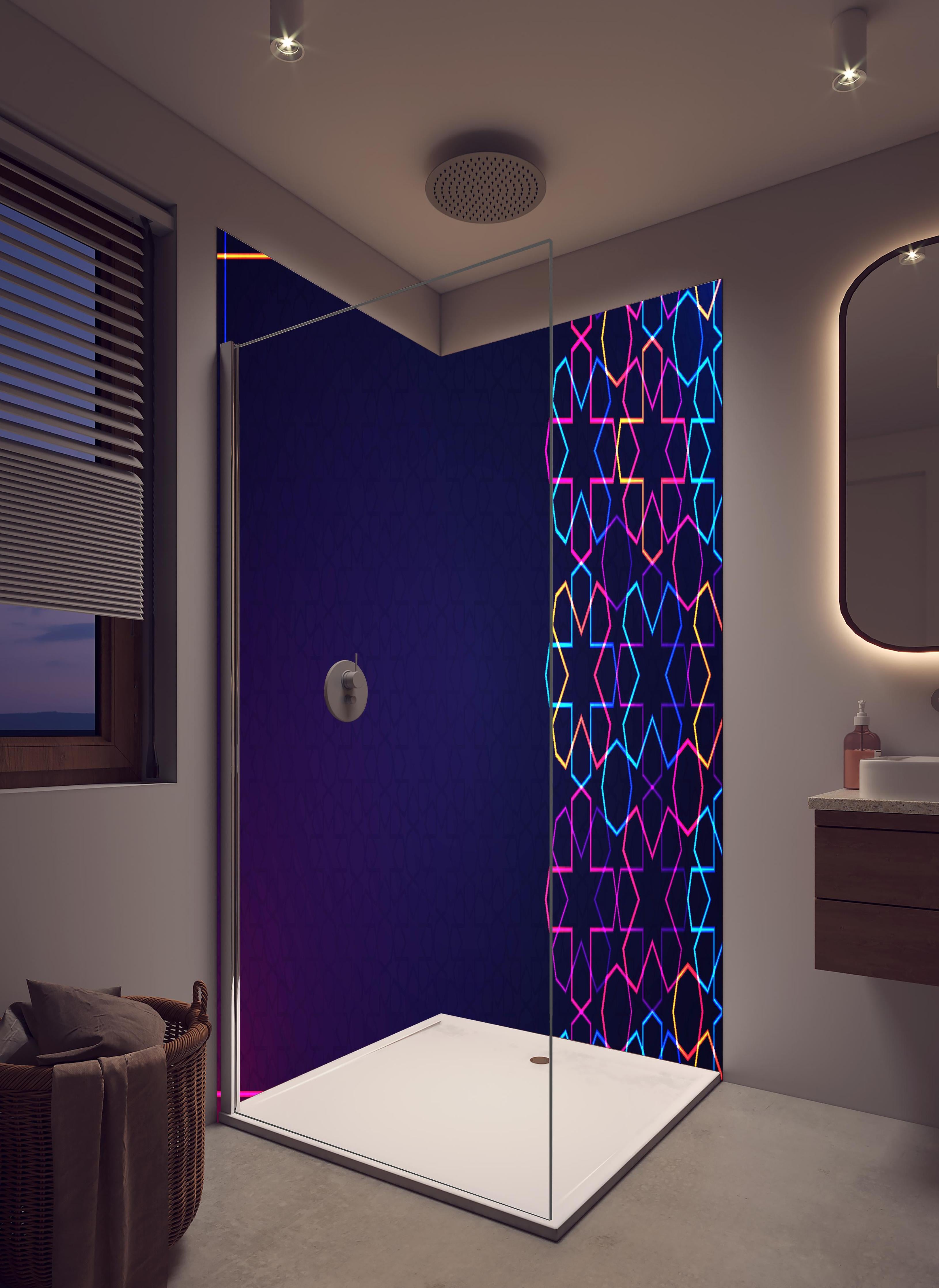 Duschrückwand - Buntes Neon Eid Mubarak Design in hellem Badezimmer mit Regenduschkopf - zweiteilige Eck-Duschrückwand