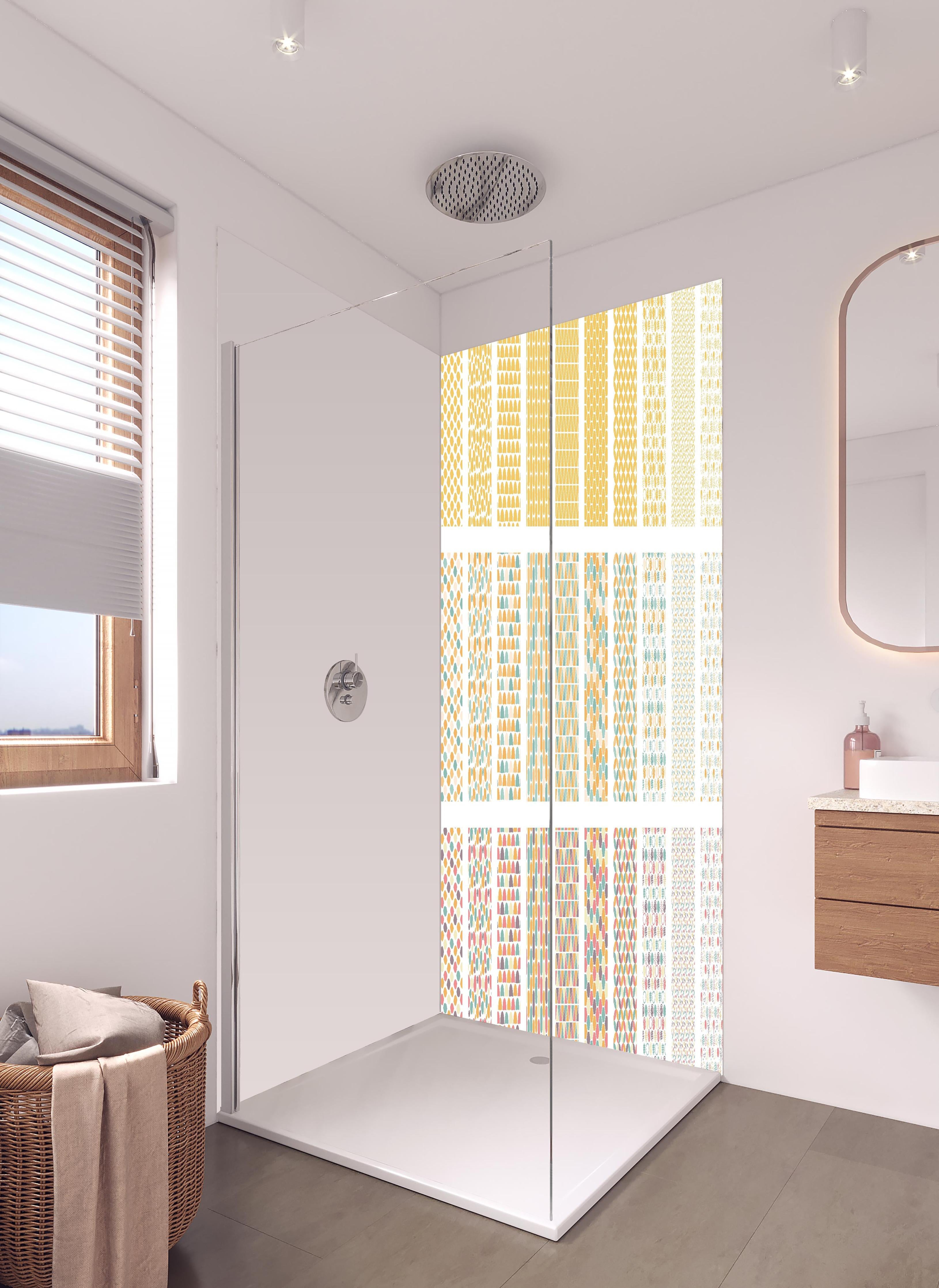 Duschrückwand - Buntes Nordic-Design Seamless Muster-Set in hellem Badezimmer mit Regenduschkopf - zweiteilige Eck-Duschrückwand