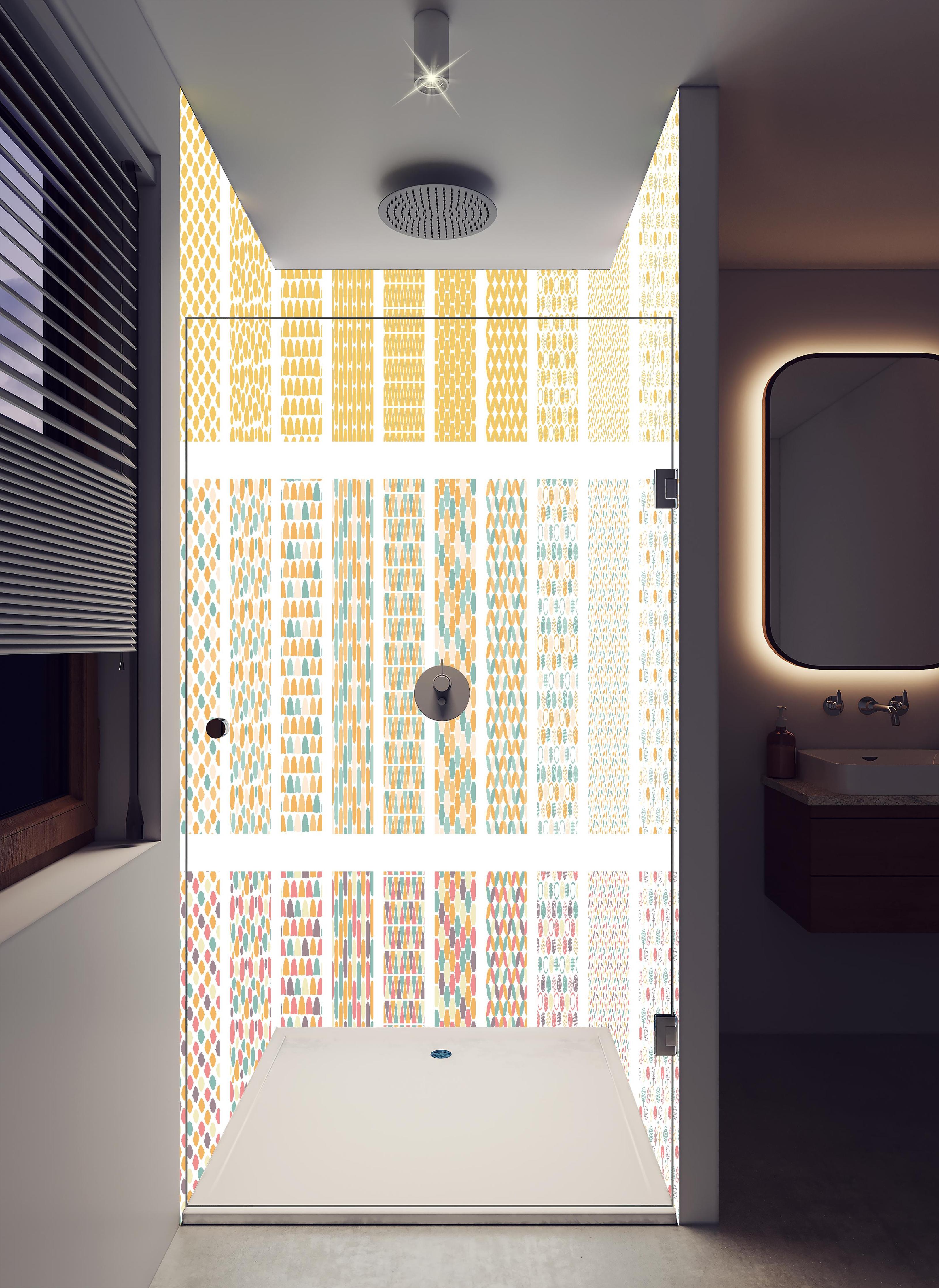 Duschrückwand - Buntes Nordic-Design Seamless Muster-Set in hellem Badezimmer mit Regenduschkopf - zweiteilige Eck-Duschrückwand