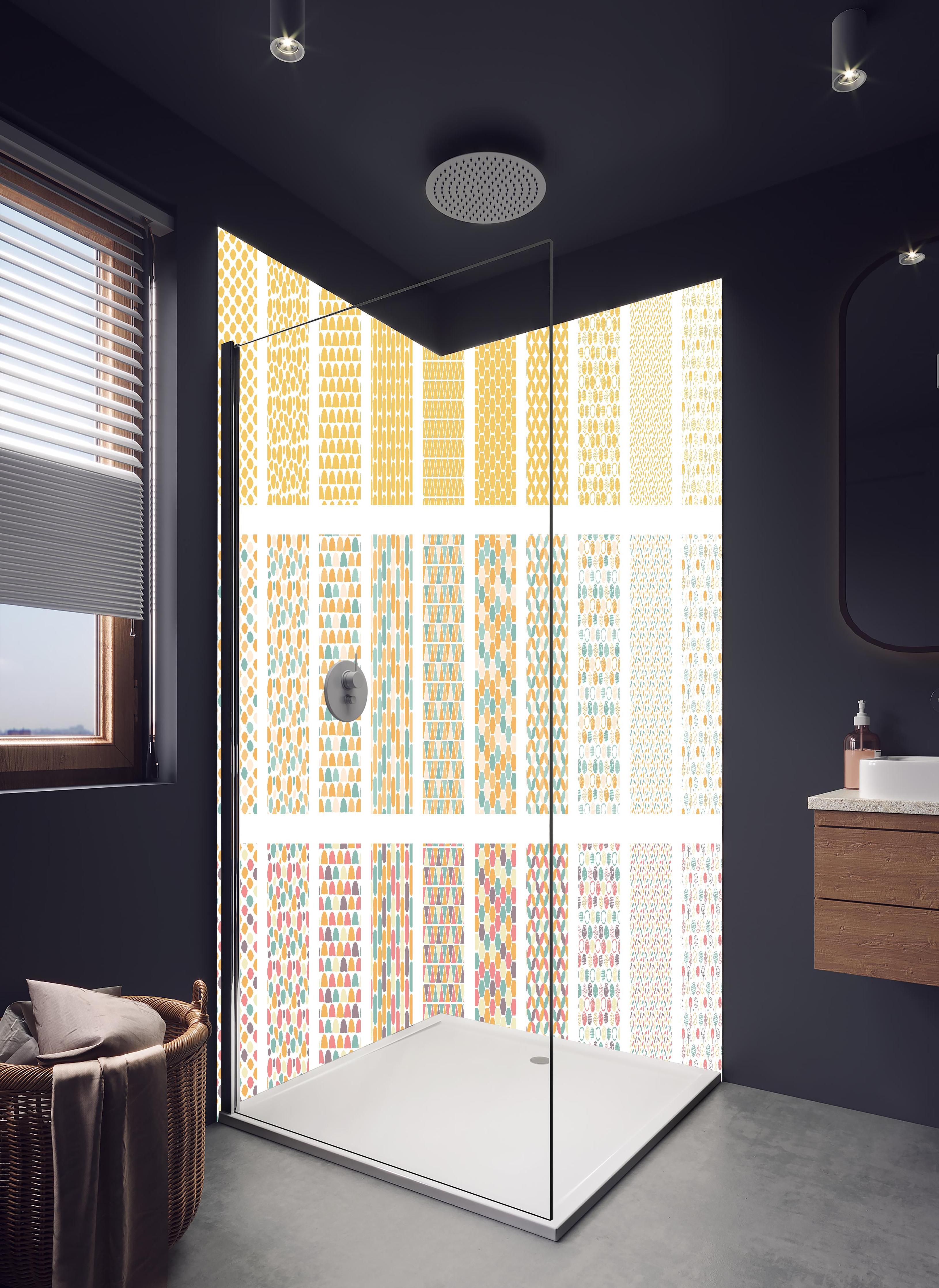 Duschrückwand - Buntes Nordic-Design Seamless Muster-Set in hellem Badezimmer mit Regenduschkopf - zweiteilige Eck-Duschrückwand