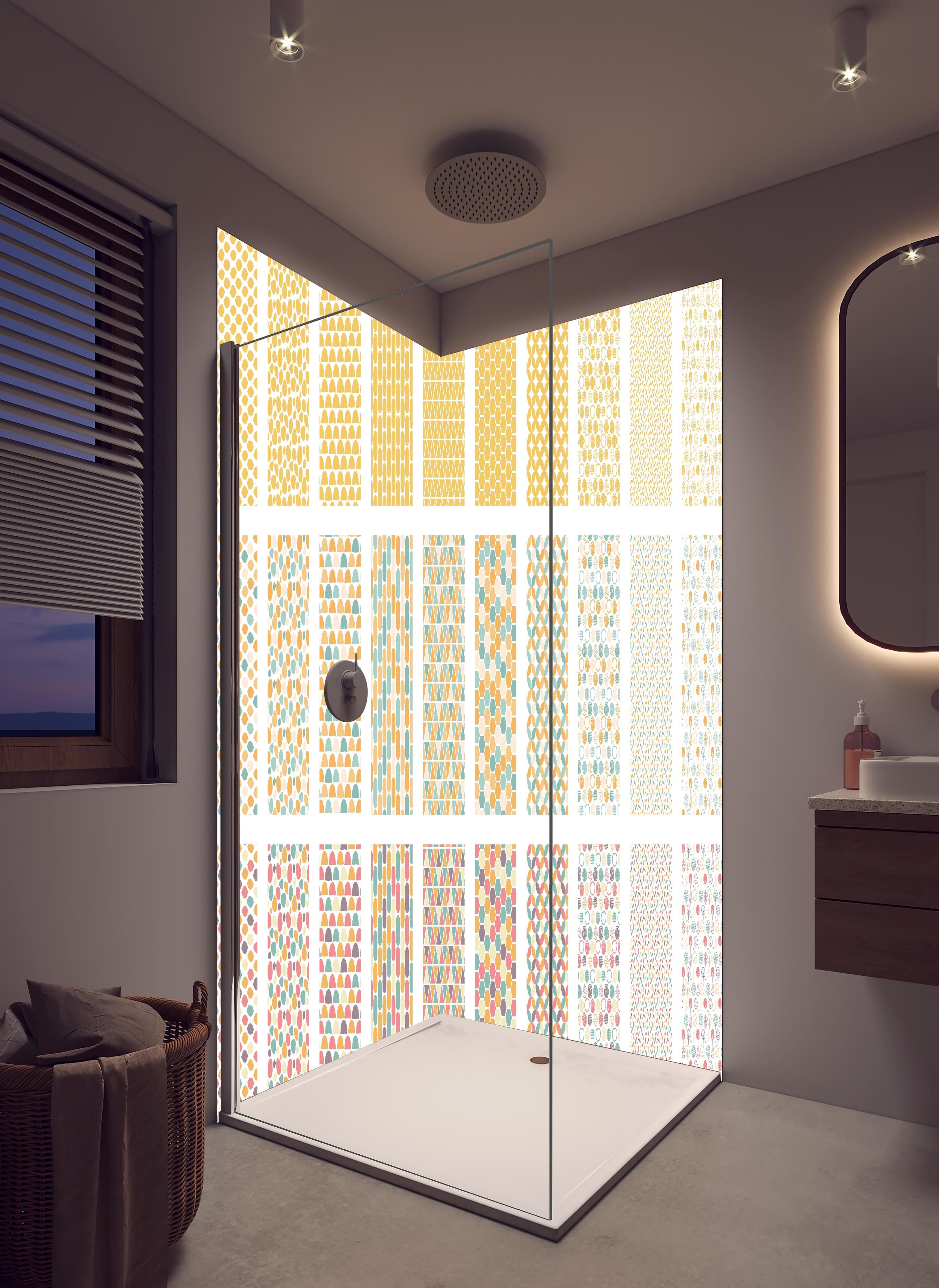 Duschrückwand - Buntes Nordic-Design Seamless Muster-Set in hellem Badezimmer mit Regenduschkopf - zweiteilige Eck-Duschrückwand