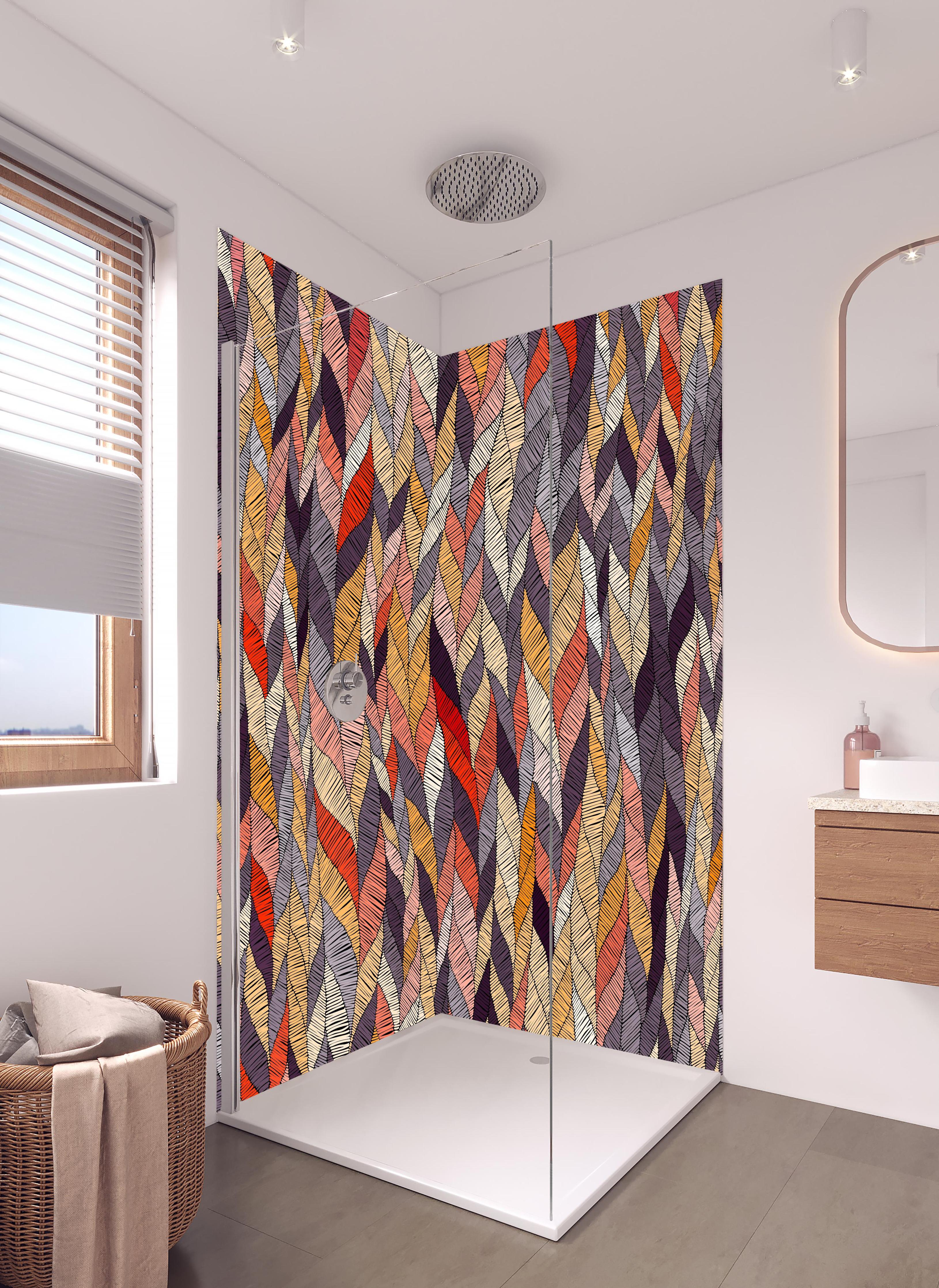 Duschrückwand - Buntes Textil Wellenmuster in Herbsttönen in hellem Badezimmer mit Regenduschkopf - zweiteilige Eck-Duschrückwand
