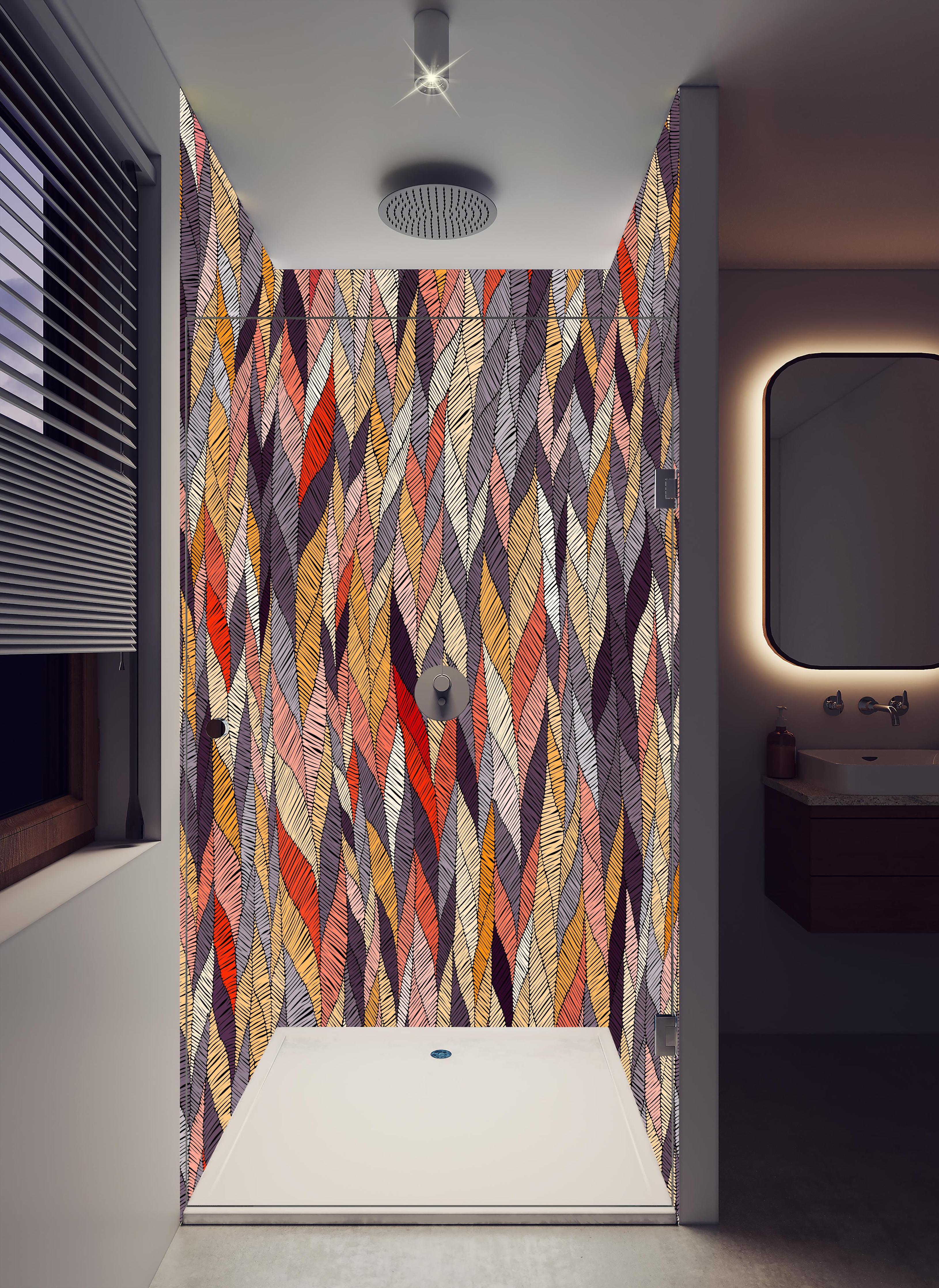 Duschrückwand - Buntes Textil Wellenmuster in Herbsttönen in hellem Badezimmer mit Regenduschkopf - zweiteilige Eck-Duschrückwand