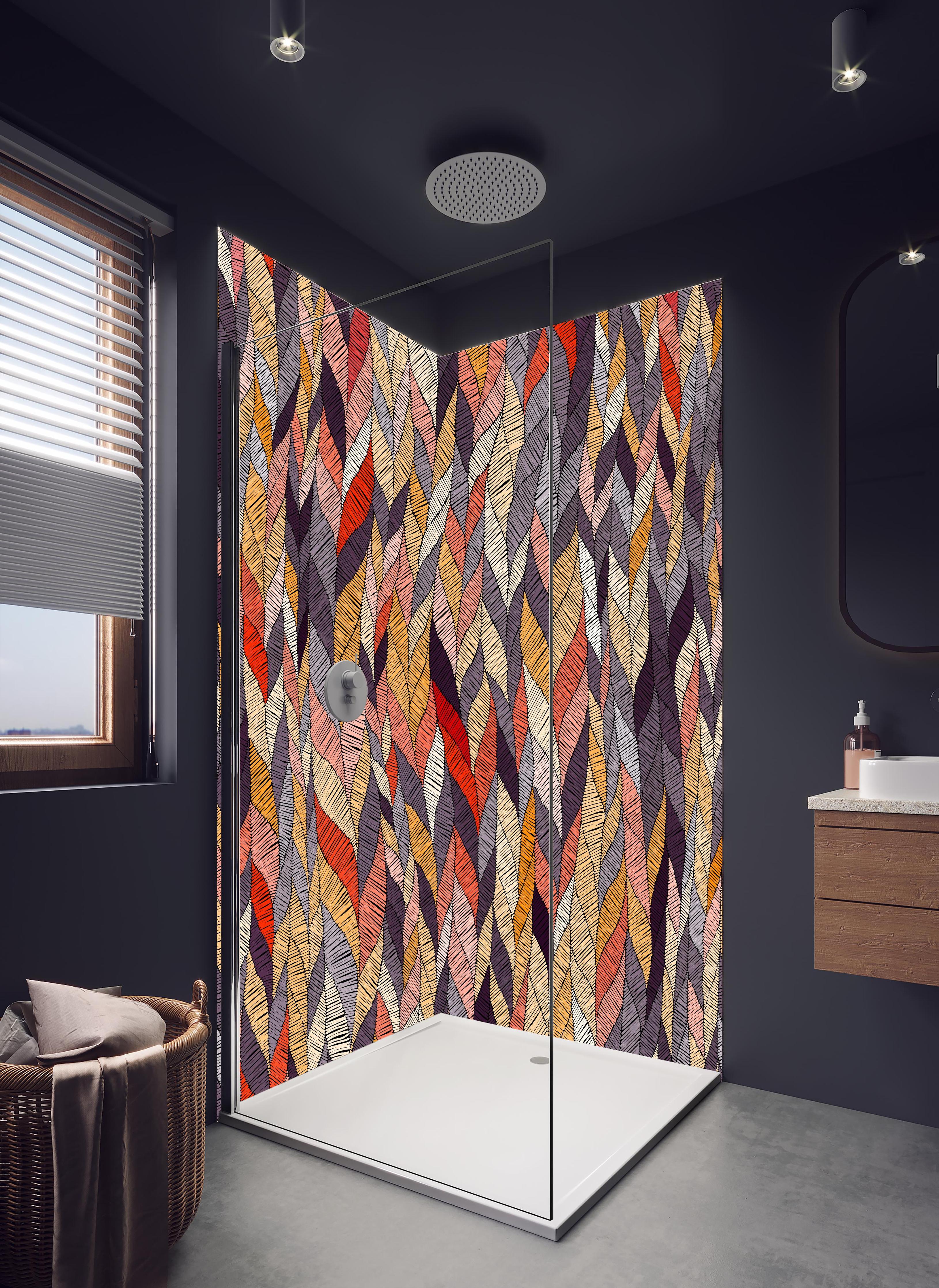 Duschrückwand - Buntes Textil Wellenmuster in Herbsttönen in hellem Badezimmer mit Regenduschkopf - zweiteilige Eck-Duschrückwand
