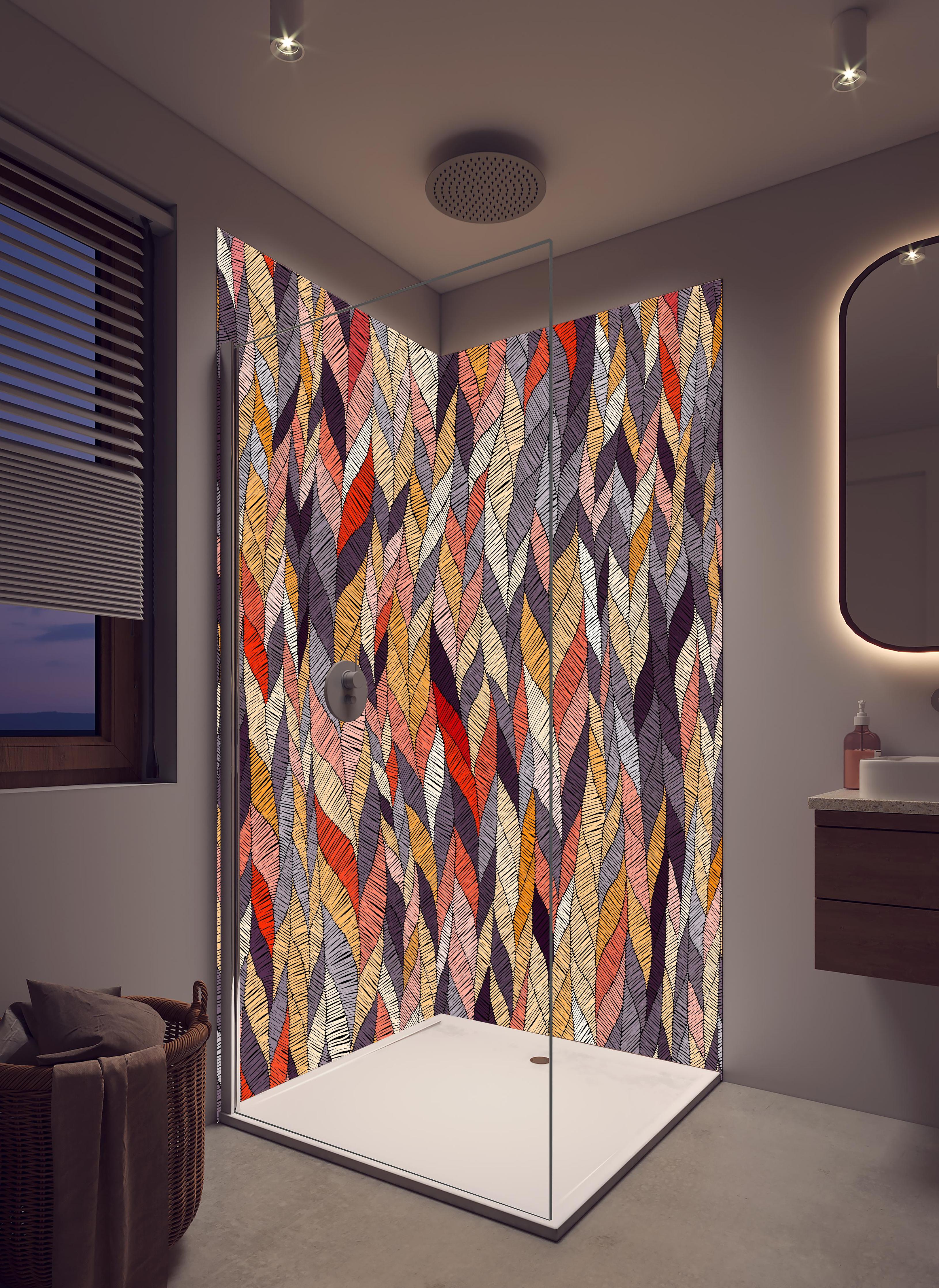 Duschrückwand - Buntes Textil Wellenmuster in Herbsttönen in hellem Badezimmer mit Regenduschkopf - zweiteilige Eck-Duschrückwand