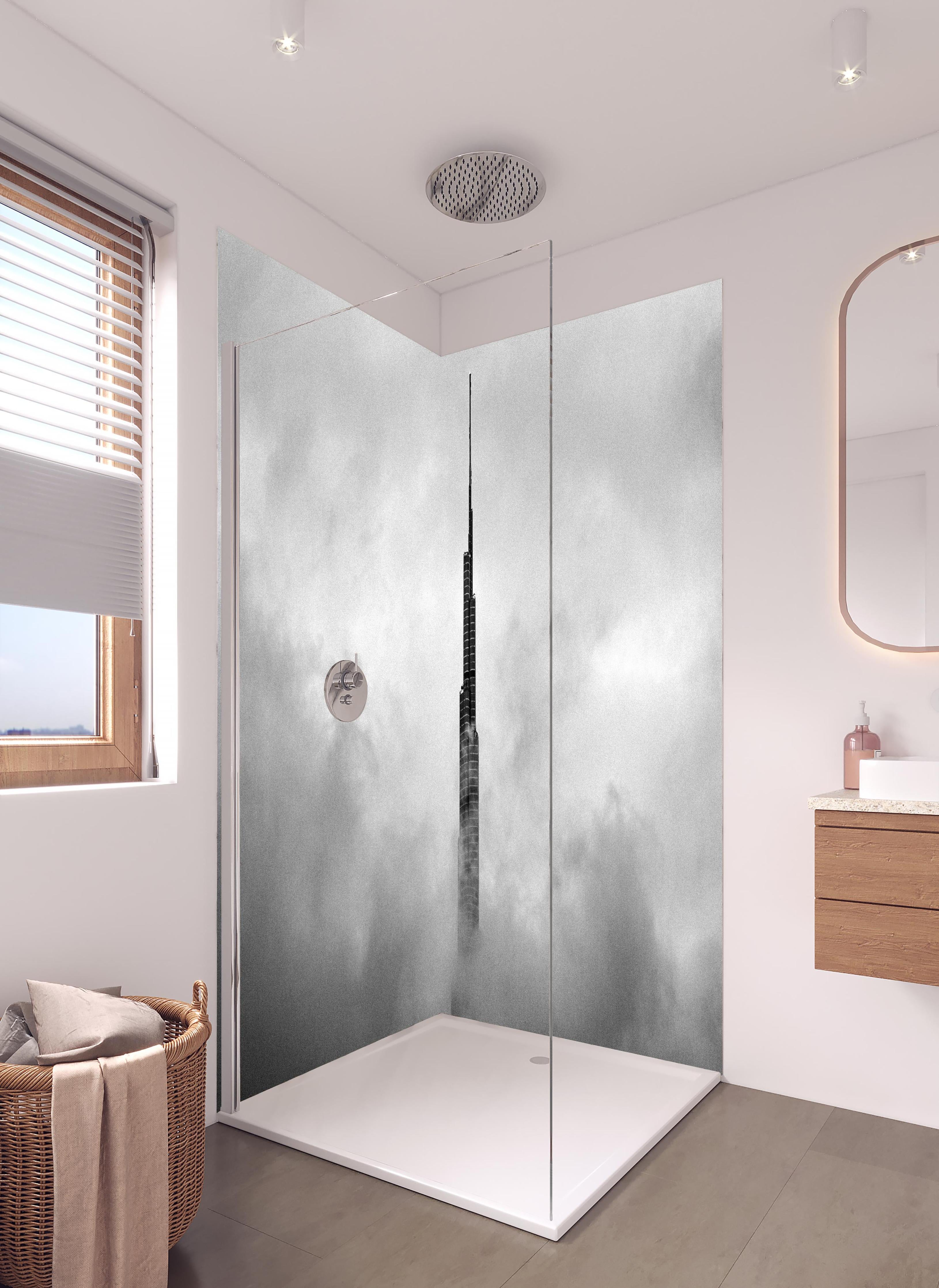 Duschrückwand - Burj Khalifa - Dubai in hellem Badezimmer mit Regenduschkopf - zweiteilige Eck-Duschrückwand