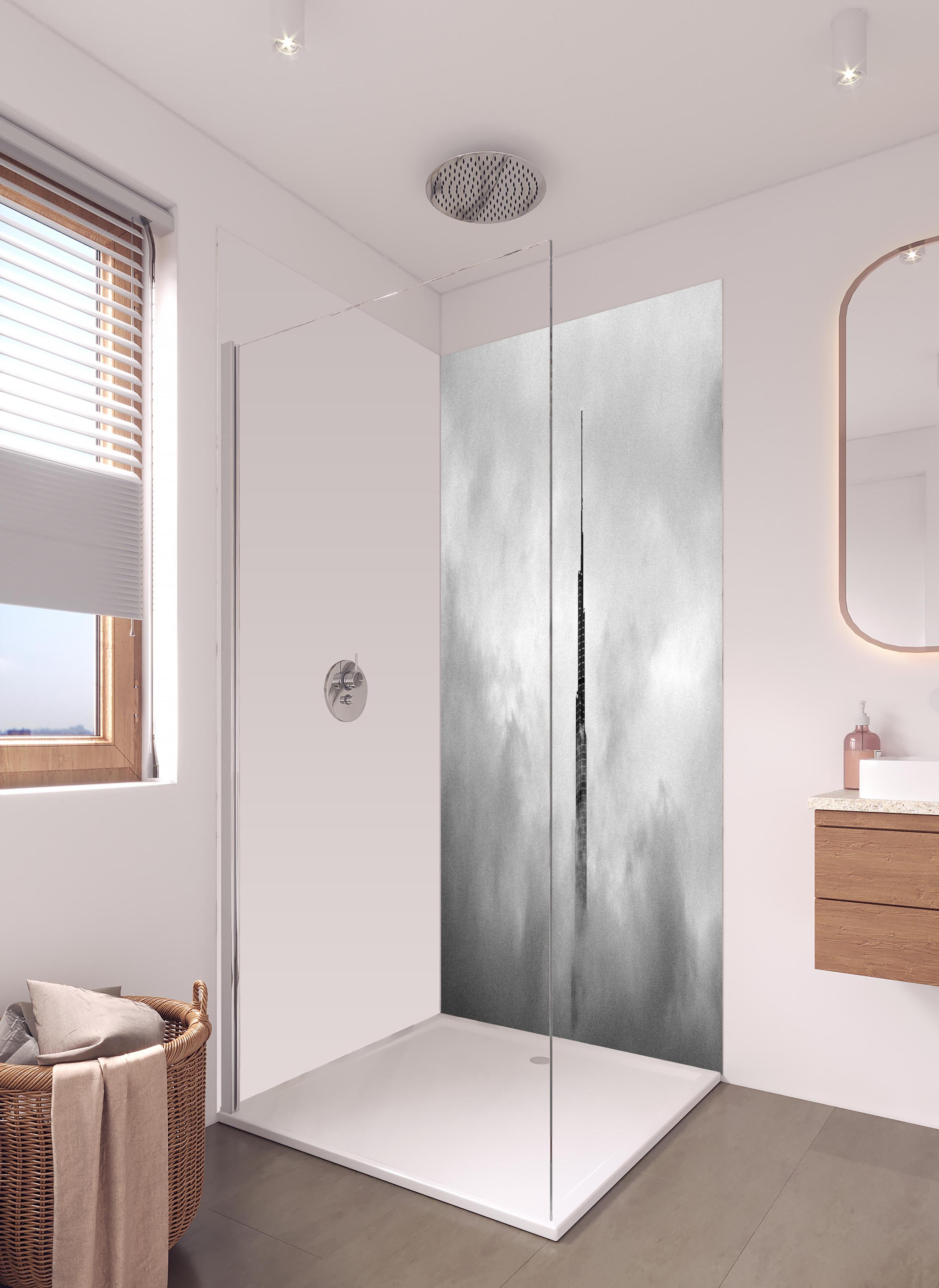 Duschrückwand - Burj Khalifa - Dubai in hellem Badezimmer mit Regenduschkopf - zweiteilige Eck-Duschrückwand