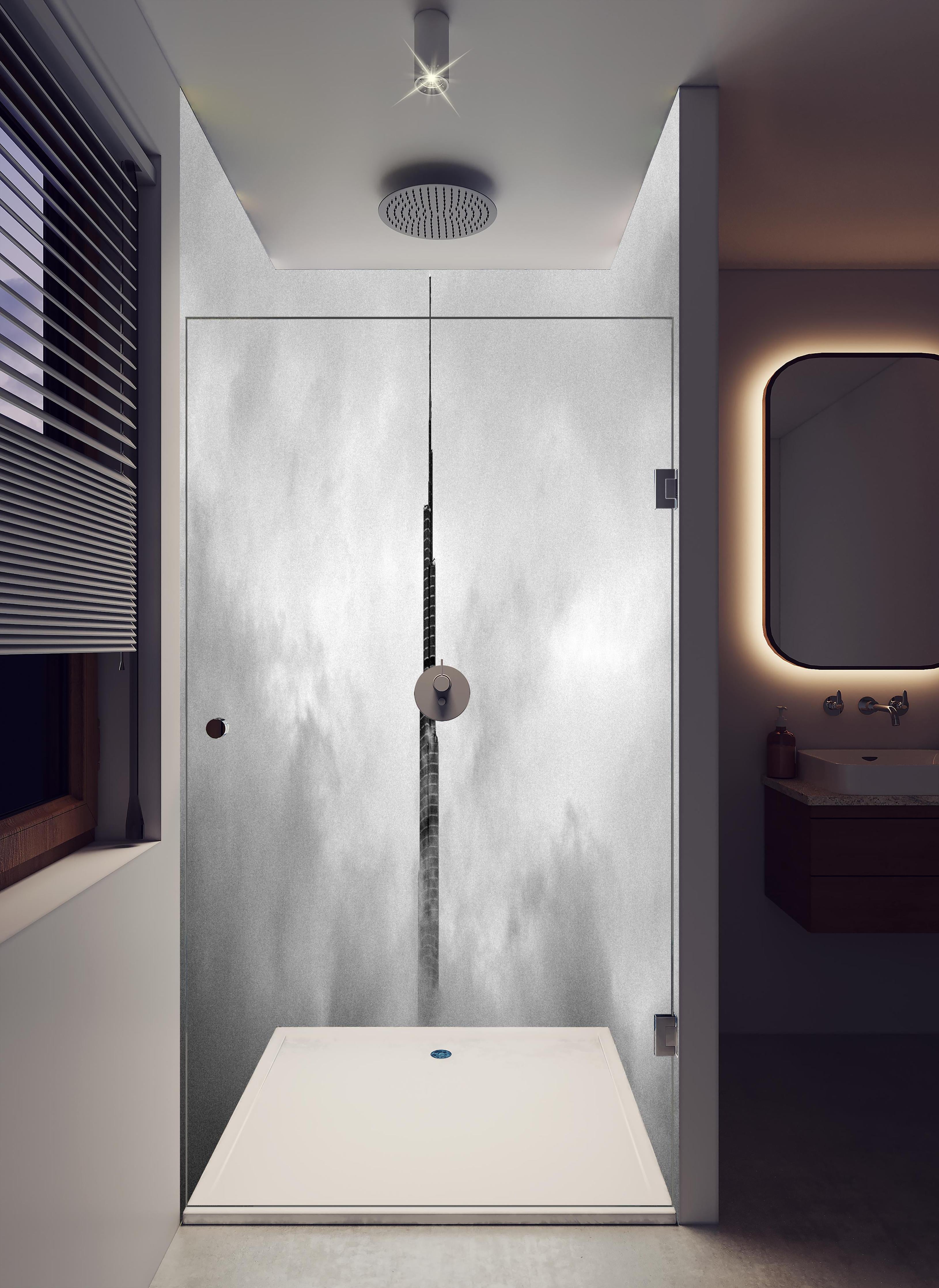 Duschrückwand - Burj Khalifa - Dubai in hellem Badezimmer mit Regenduschkopf - zweiteilige Eck-Duschrückwand