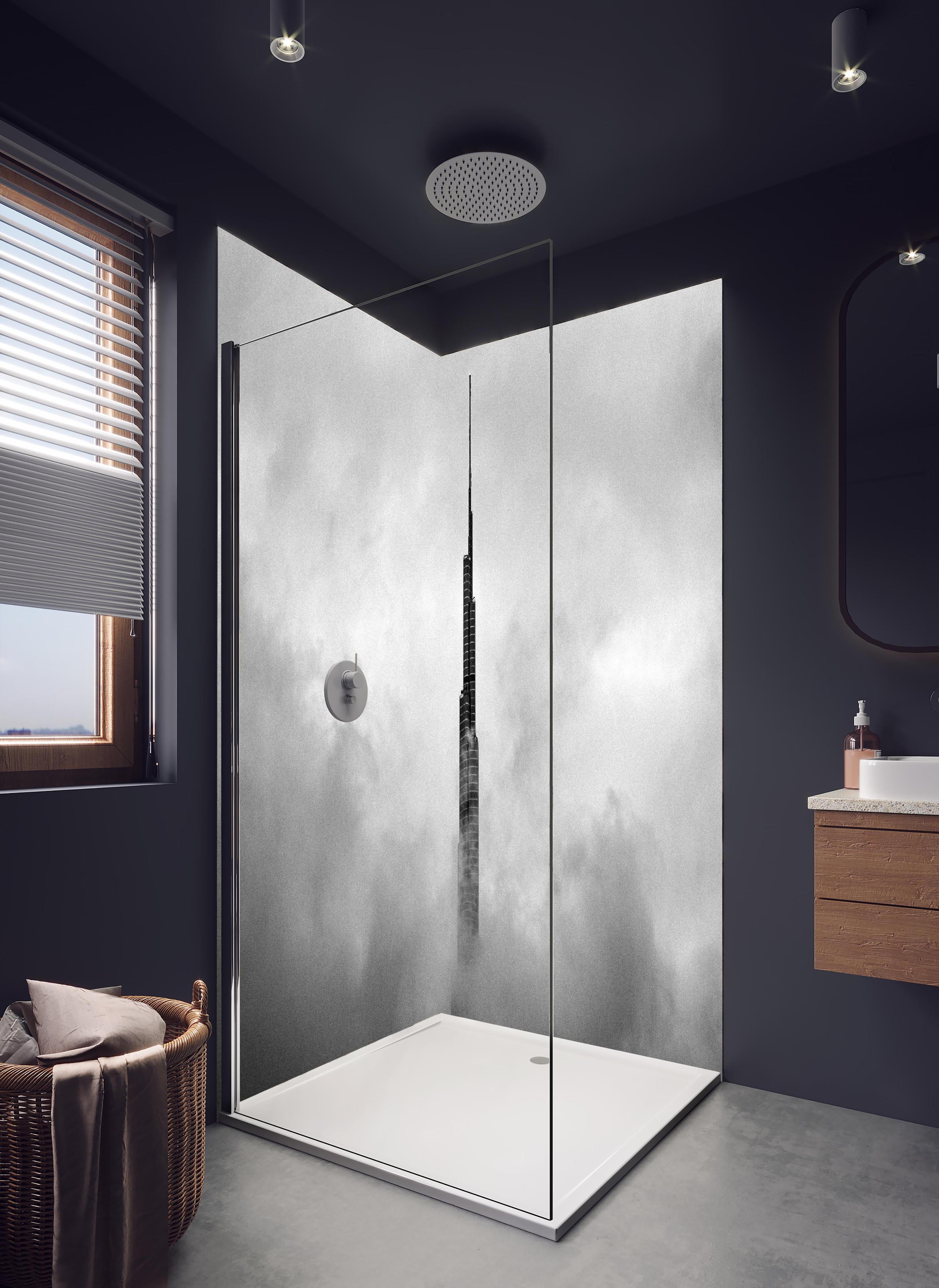 Duschrückwand - Burj Khalifa - Dubai in hellem Badezimmer mit Regenduschkopf - zweiteilige Eck-Duschrückwand