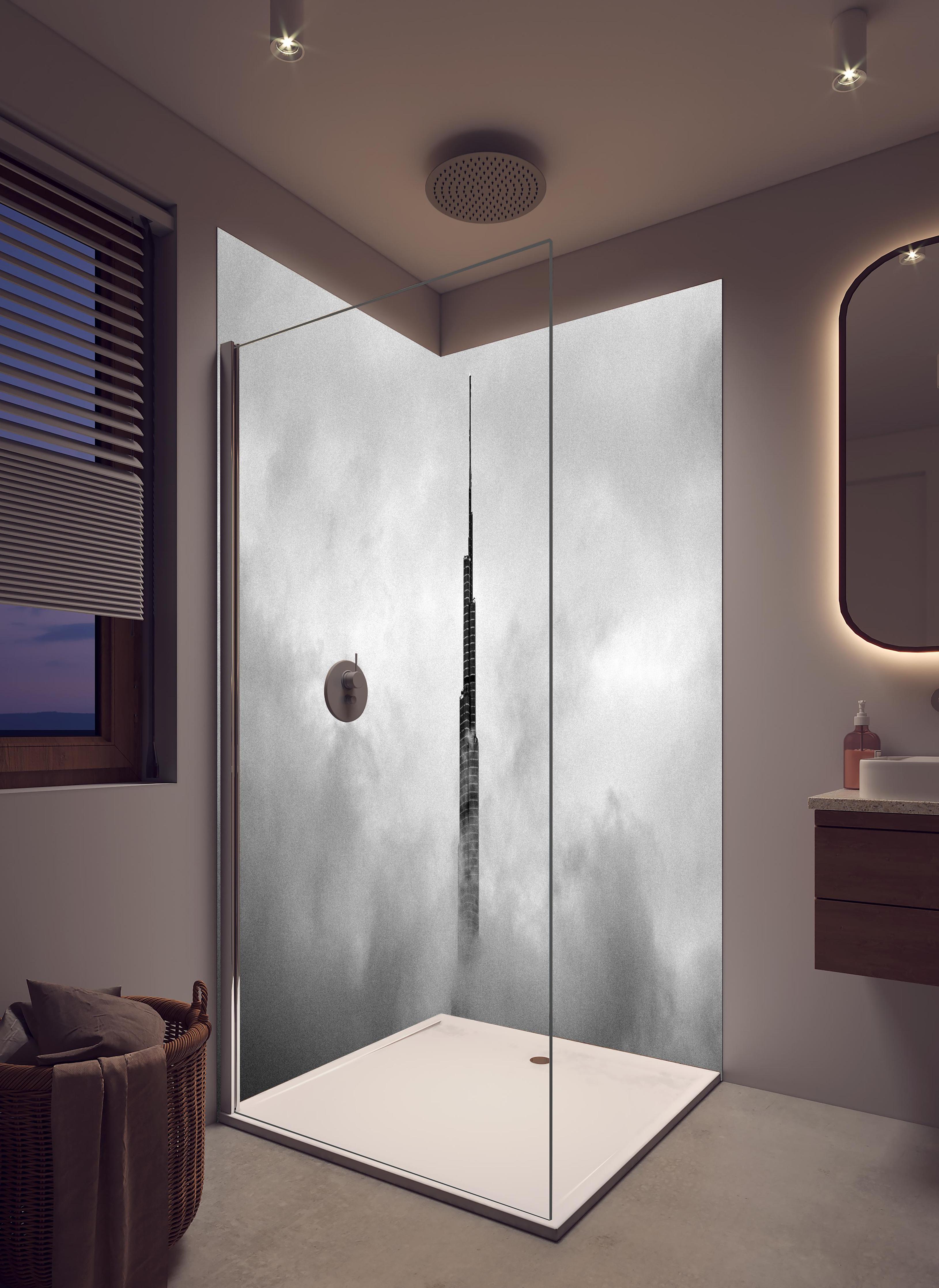 Duschrückwand - Burj Khalifa - Dubai in hellem Badezimmer mit Regenduschkopf - zweiteilige Eck-Duschrückwand