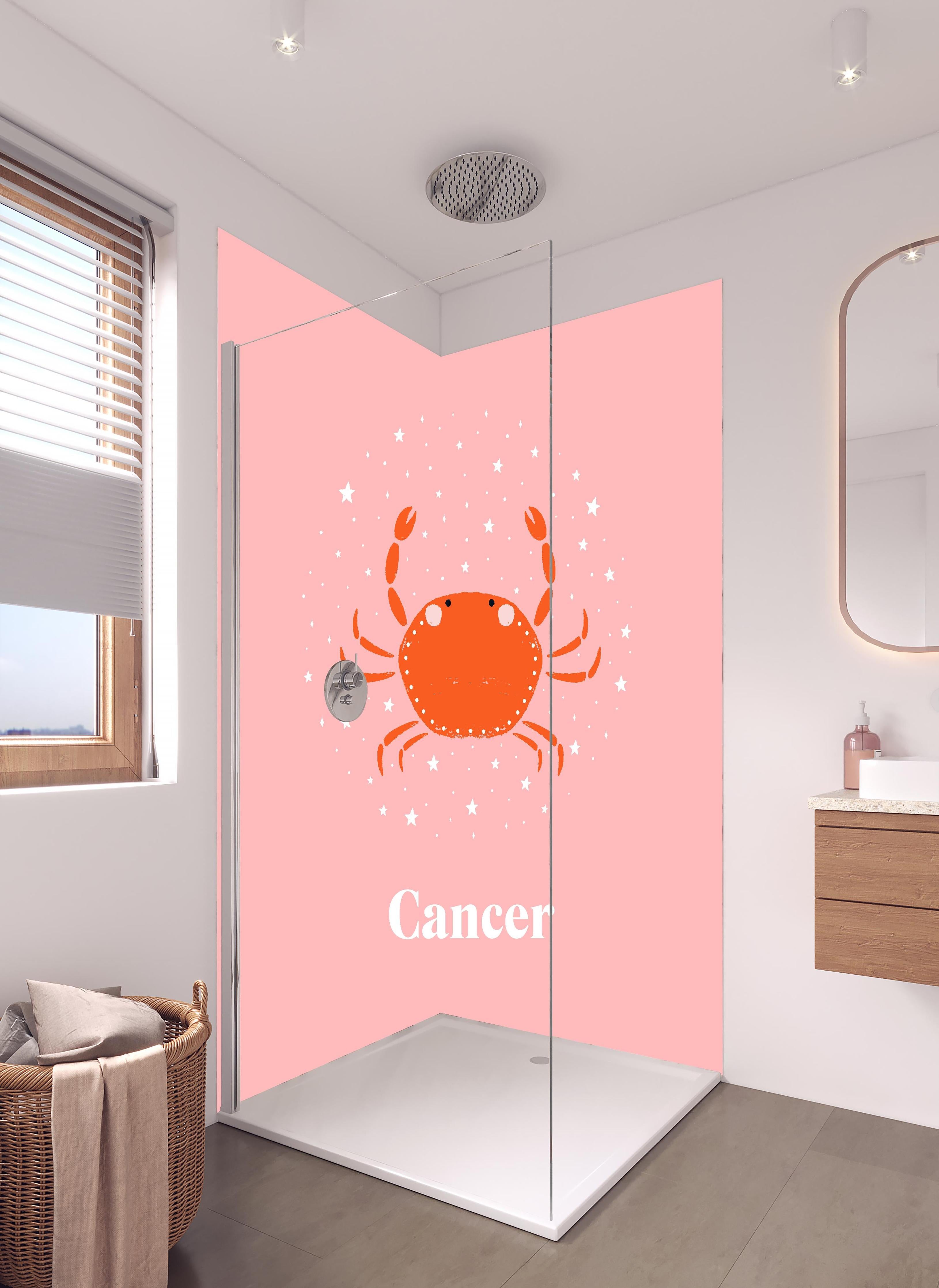 Duschrückwand - Cancer Zodiac Illustration in Pink in hellem Badezimmer mit Regenduschkopf - zweiteilige Eck-Duschrückwand
