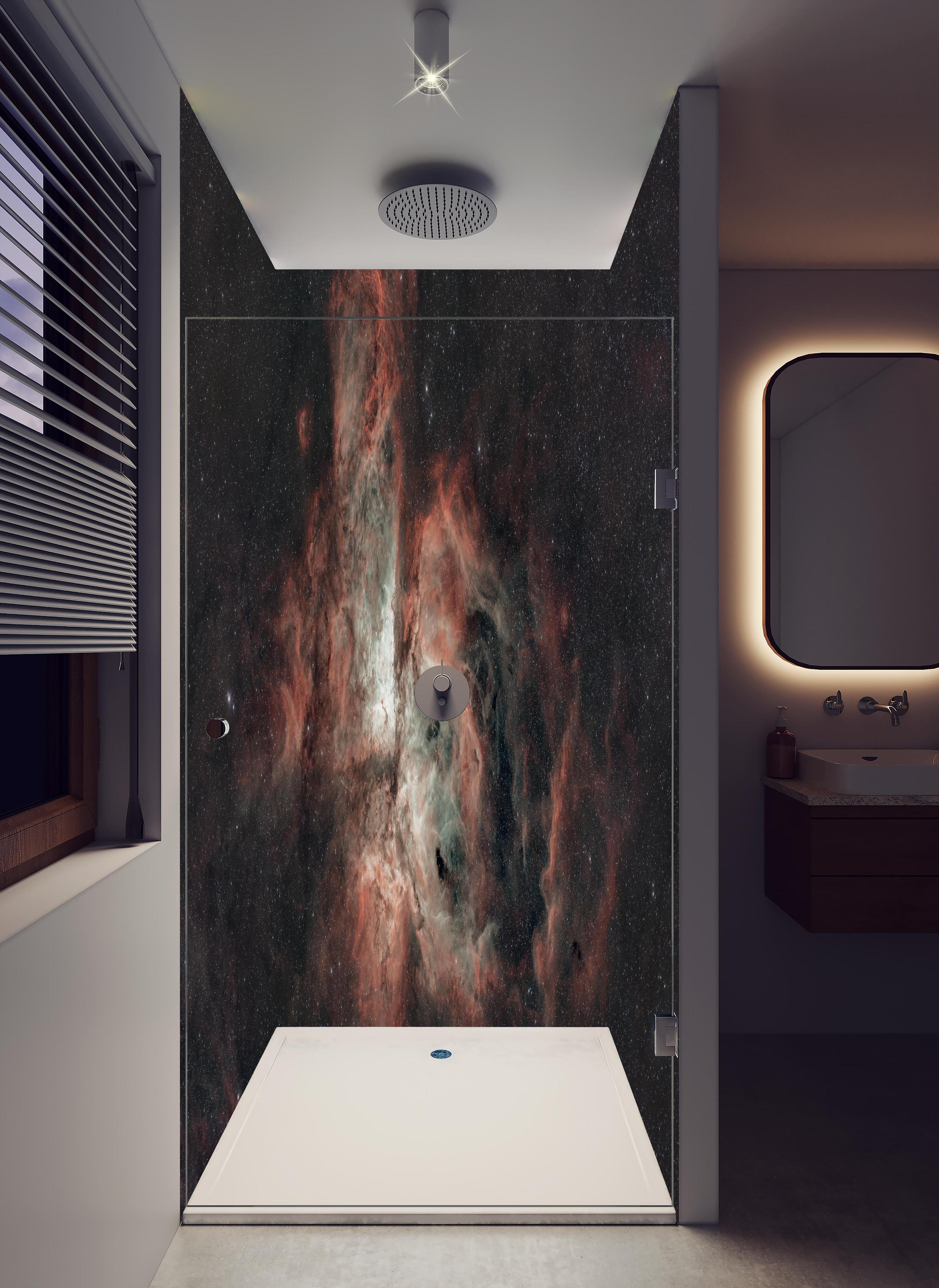 Duschrückwand - Carinanebel - Sternenbild in hellem Badezimmer mit Regenduschkopf - zweiteilige Eck-Duschrückwand