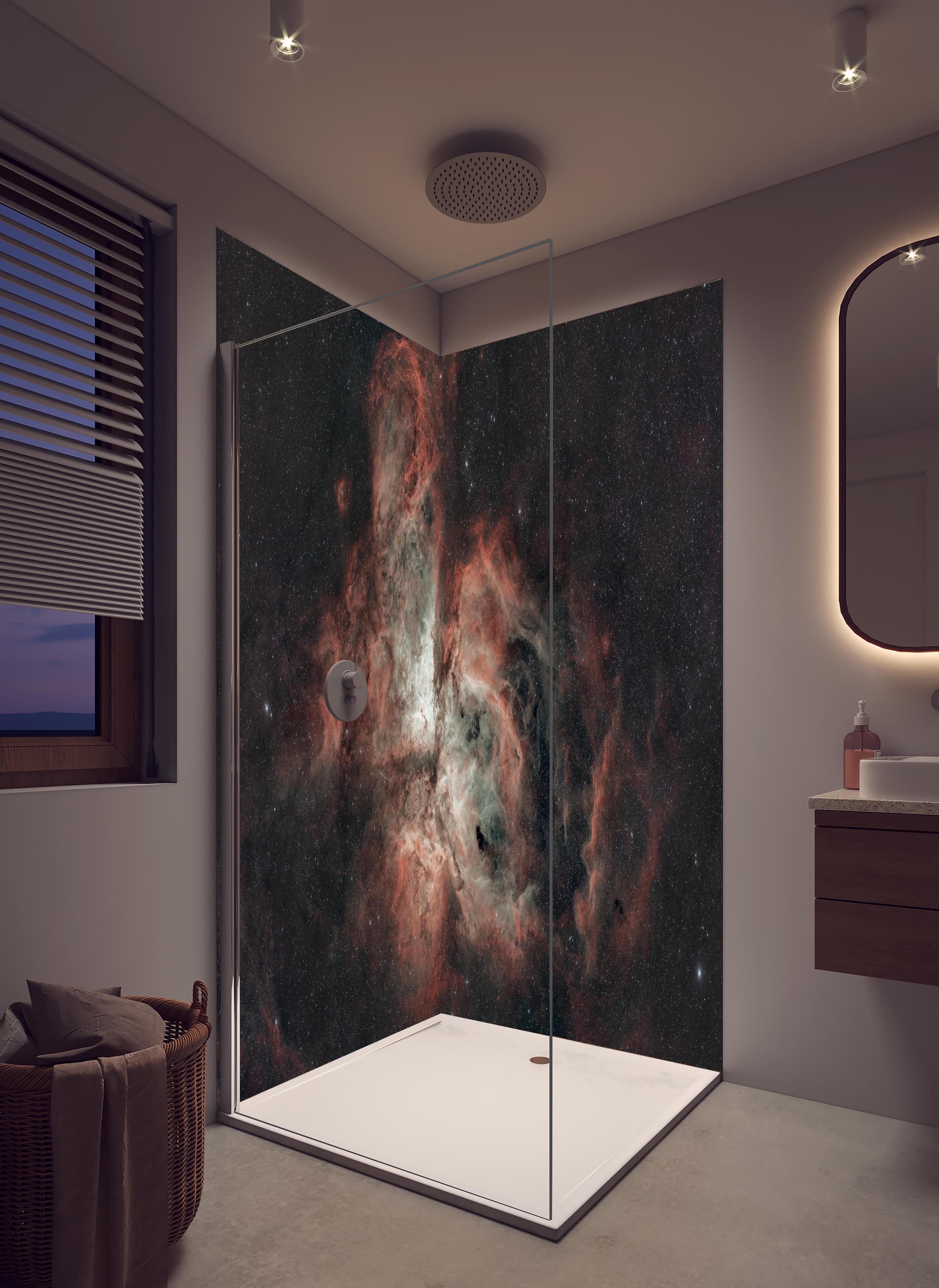 Duschrückwand - Carinanebel - Sternenbild in hellem Badezimmer mit Regenduschkopf - zweiteilige Eck-Duschrückwand
