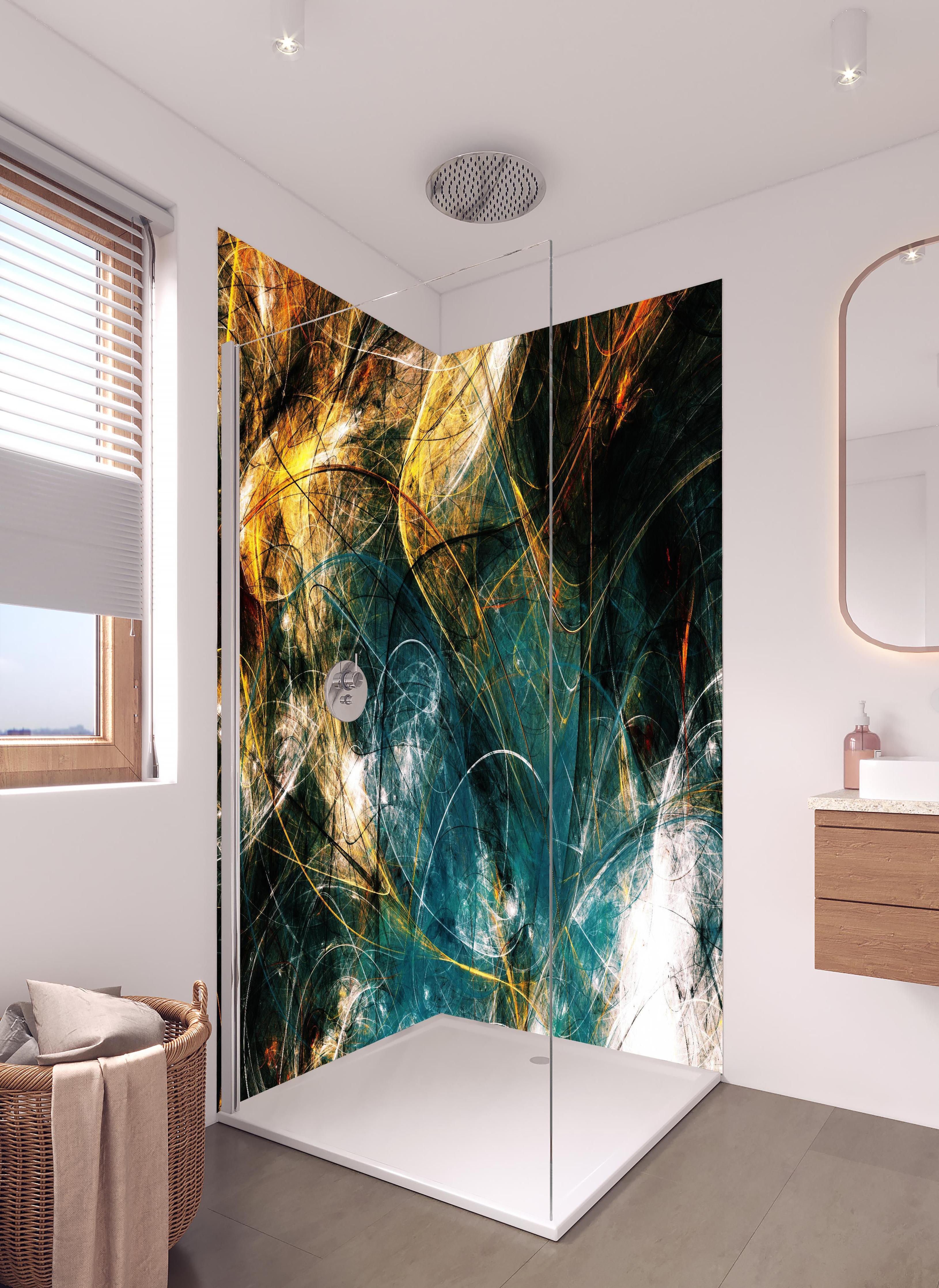 Duschrückwand - Chaotische 3D- Illustration in hellem Badezimmer mit Regenduschkopf - zweiteilige Eck-Duschrückwand