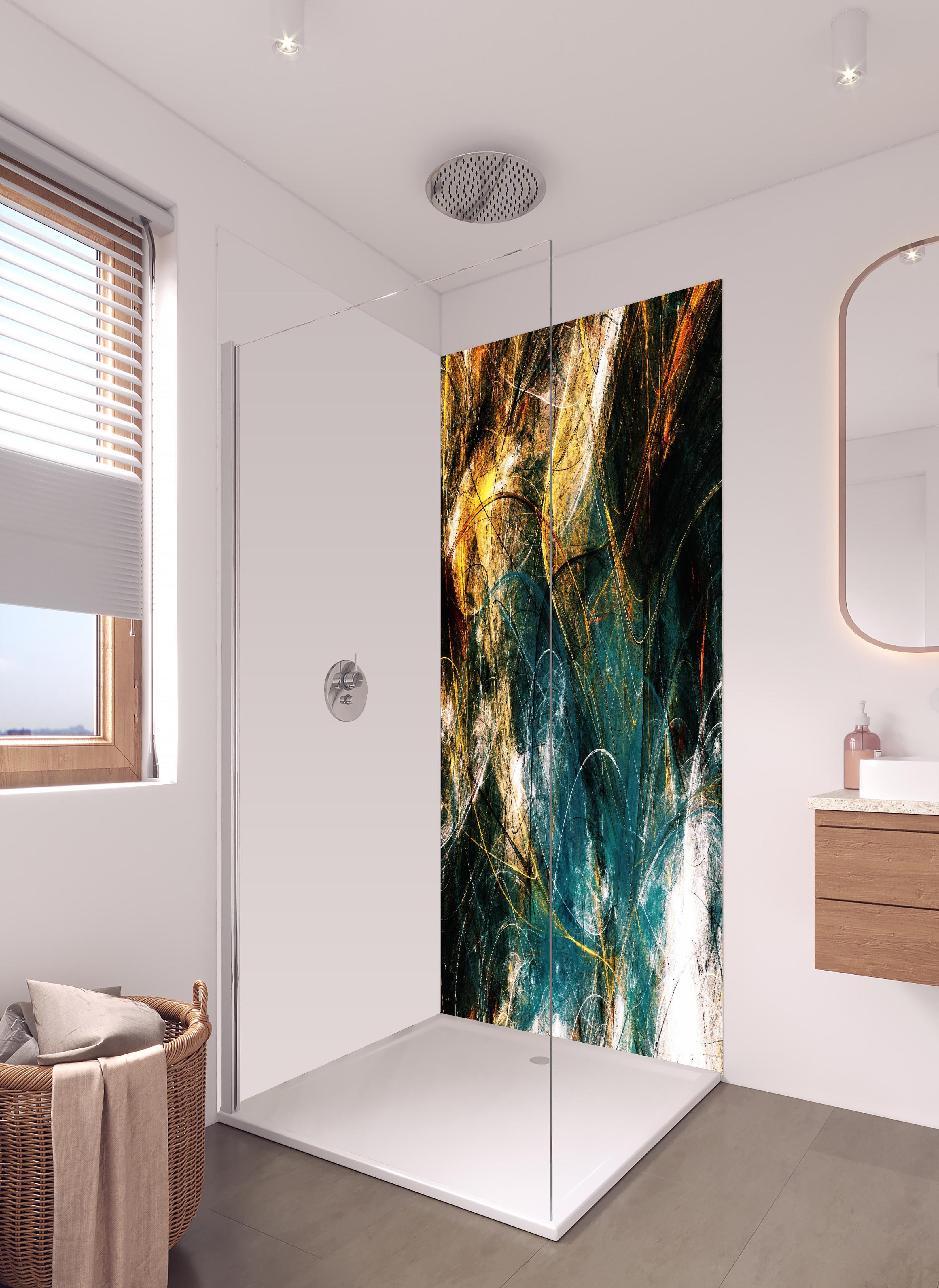 Duschrückwand - Chaotische 3D- Illustration in hellem Badezimmer mit Regenduschkopf - zweiteilige Eck-Duschrückwand