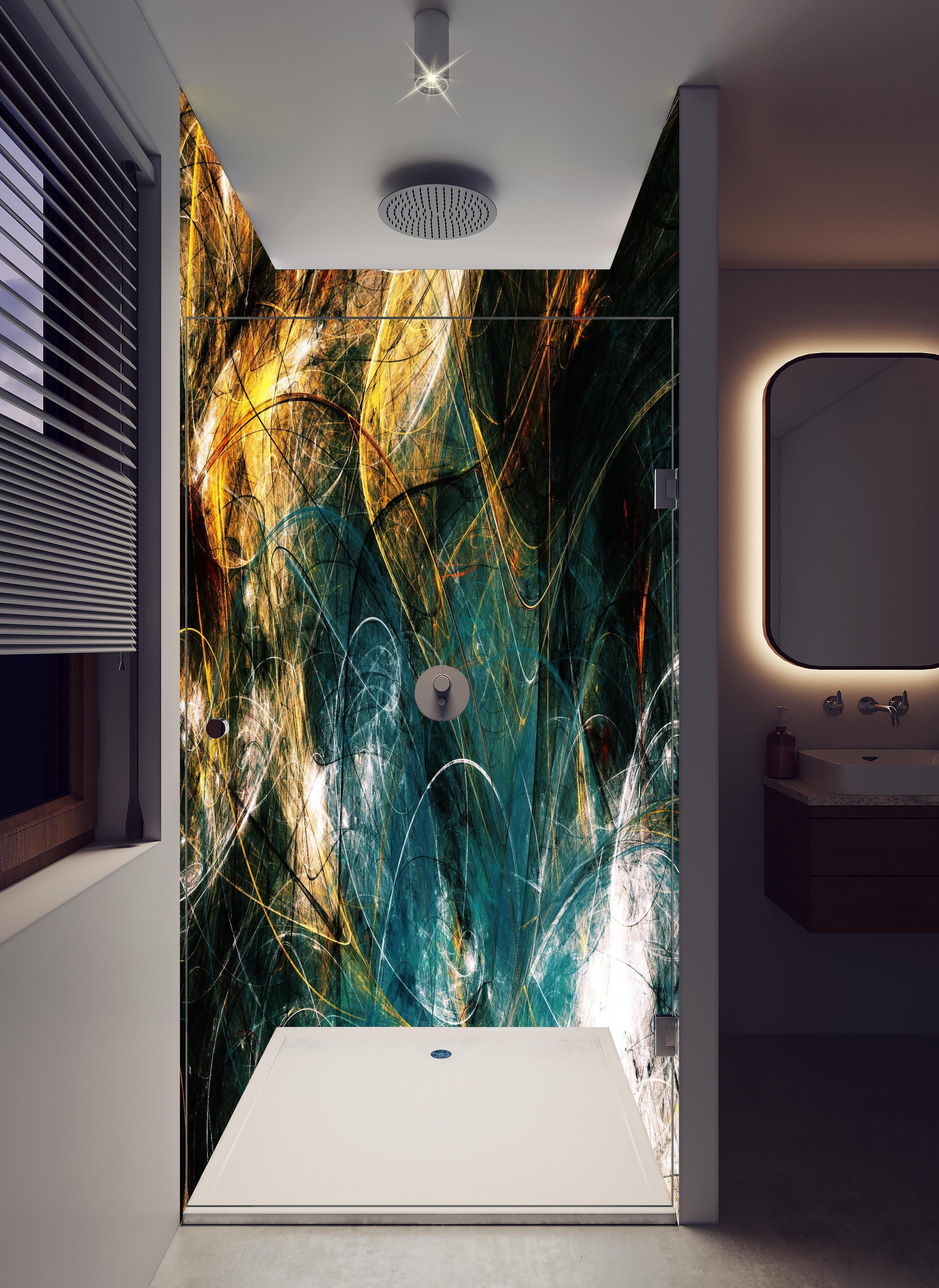 Duschrückwand - Chaotische 3D- Illustration in hellem Badezimmer mit Regenduschkopf - zweiteilige Eck-Duschrückwand