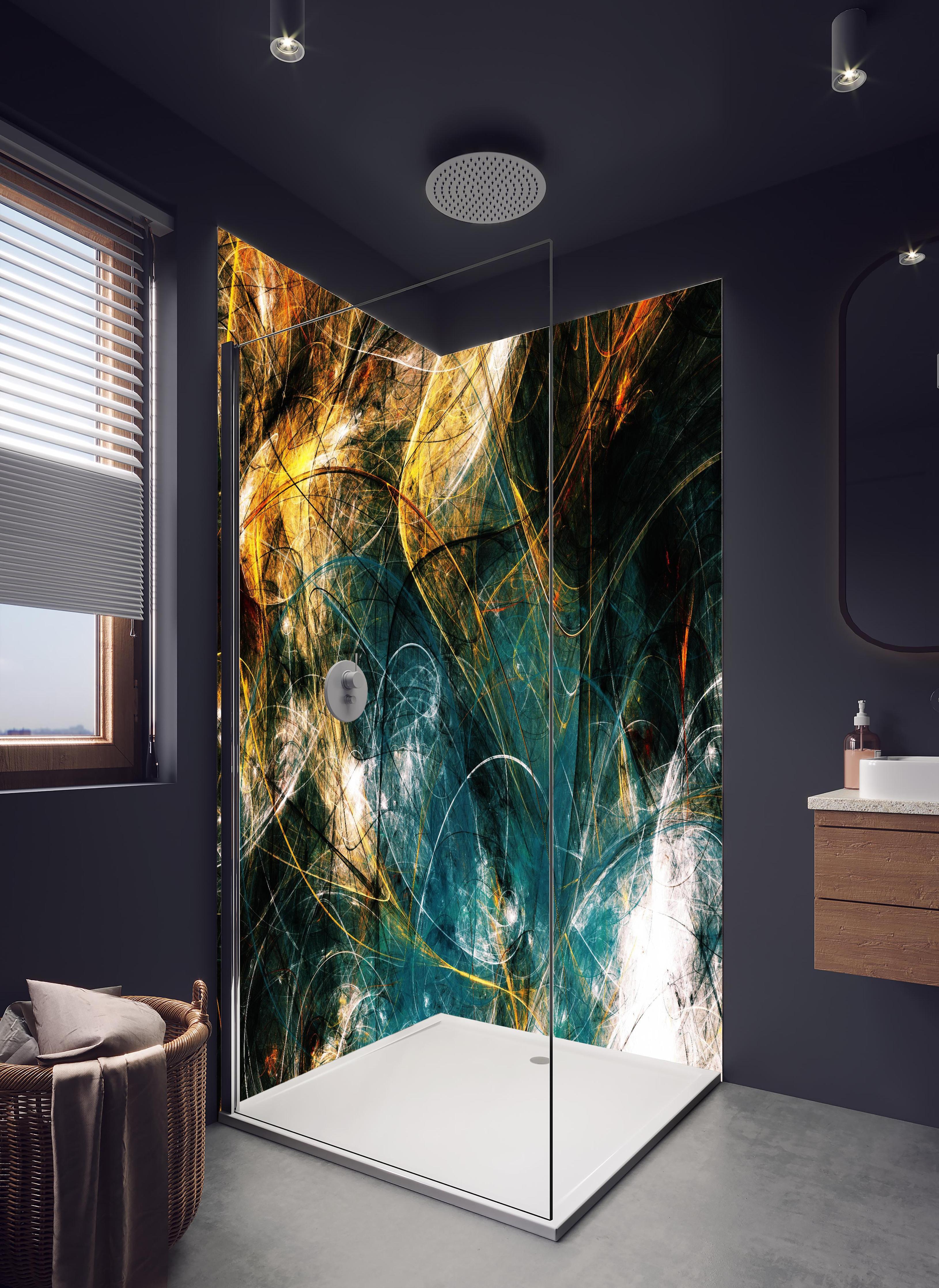 Duschrückwand - Chaotische 3D- Illustration in hellem Badezimmer mit Regenduschkopf - zweiteilige Eck-Duschrückwand