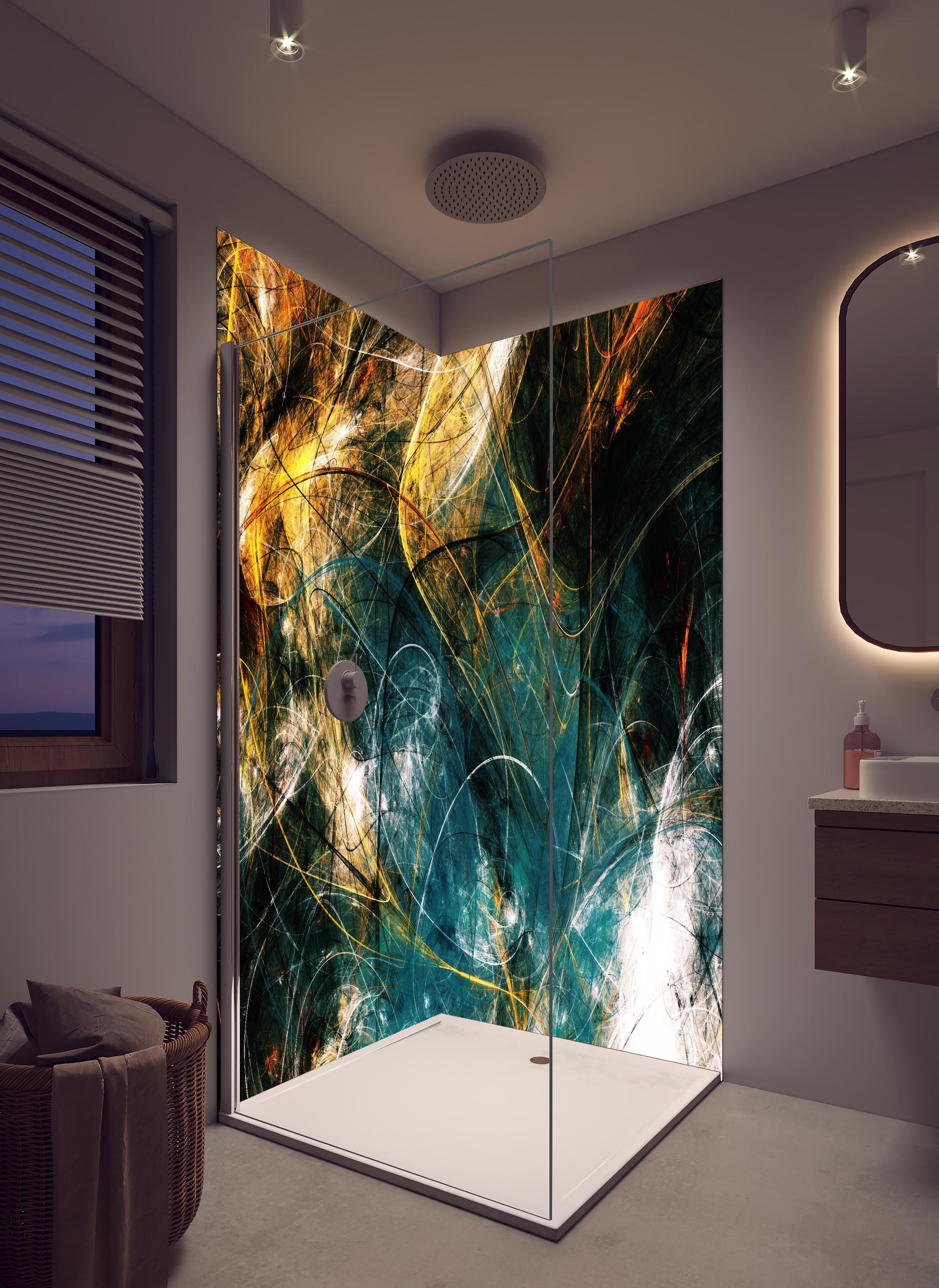 Duschrückwand - Chaotische 3D- Illustration in hellem Badezimmer mit Regenduschkopf - zweiteilige Eck-Duschrückwand