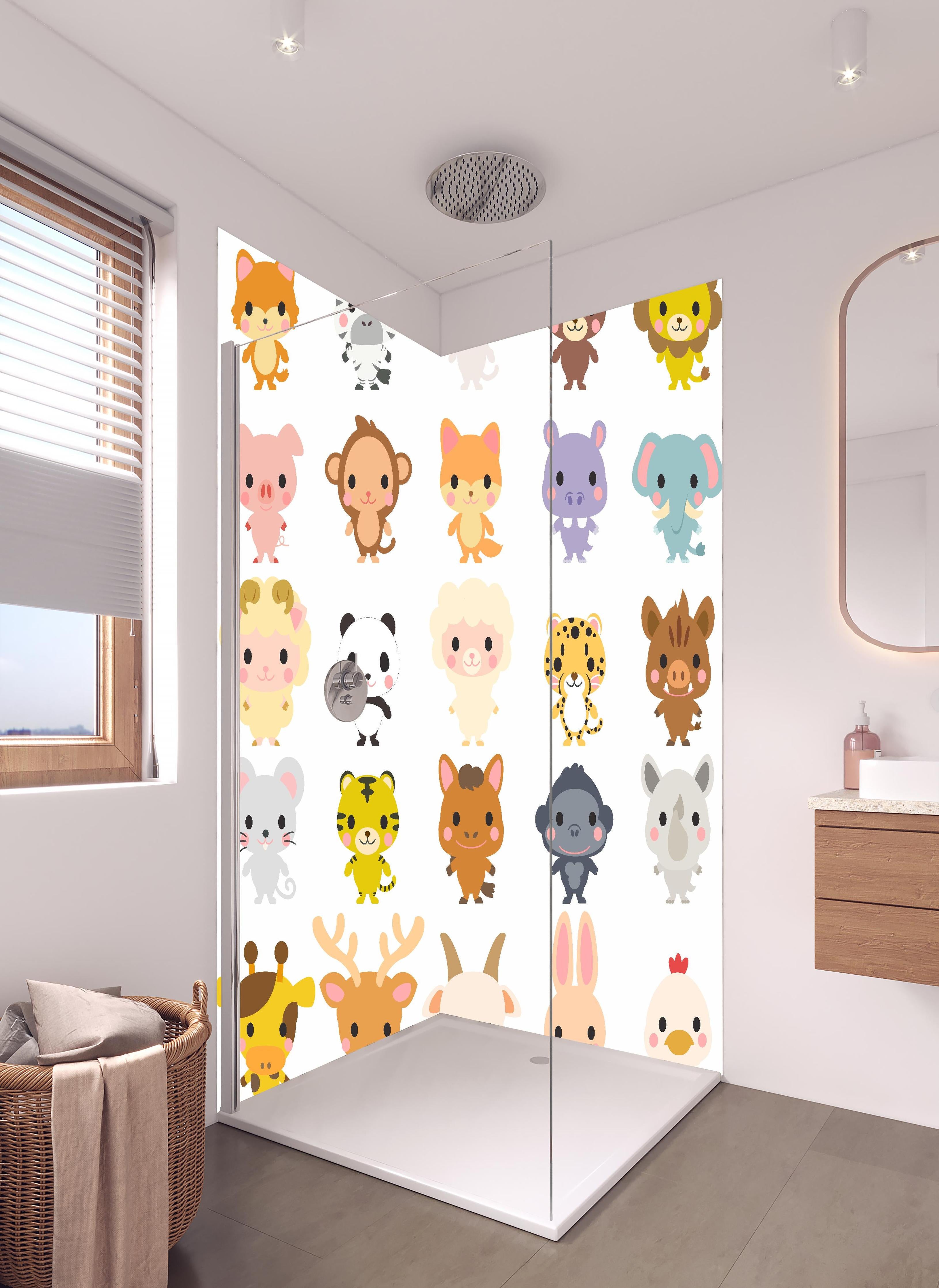 Duschrückwand - Charmante Tiersammlung in Pastellfarben in hellem Badezimmer mit Regenduschkopf - zweiteilige Eck-Duschrückwand