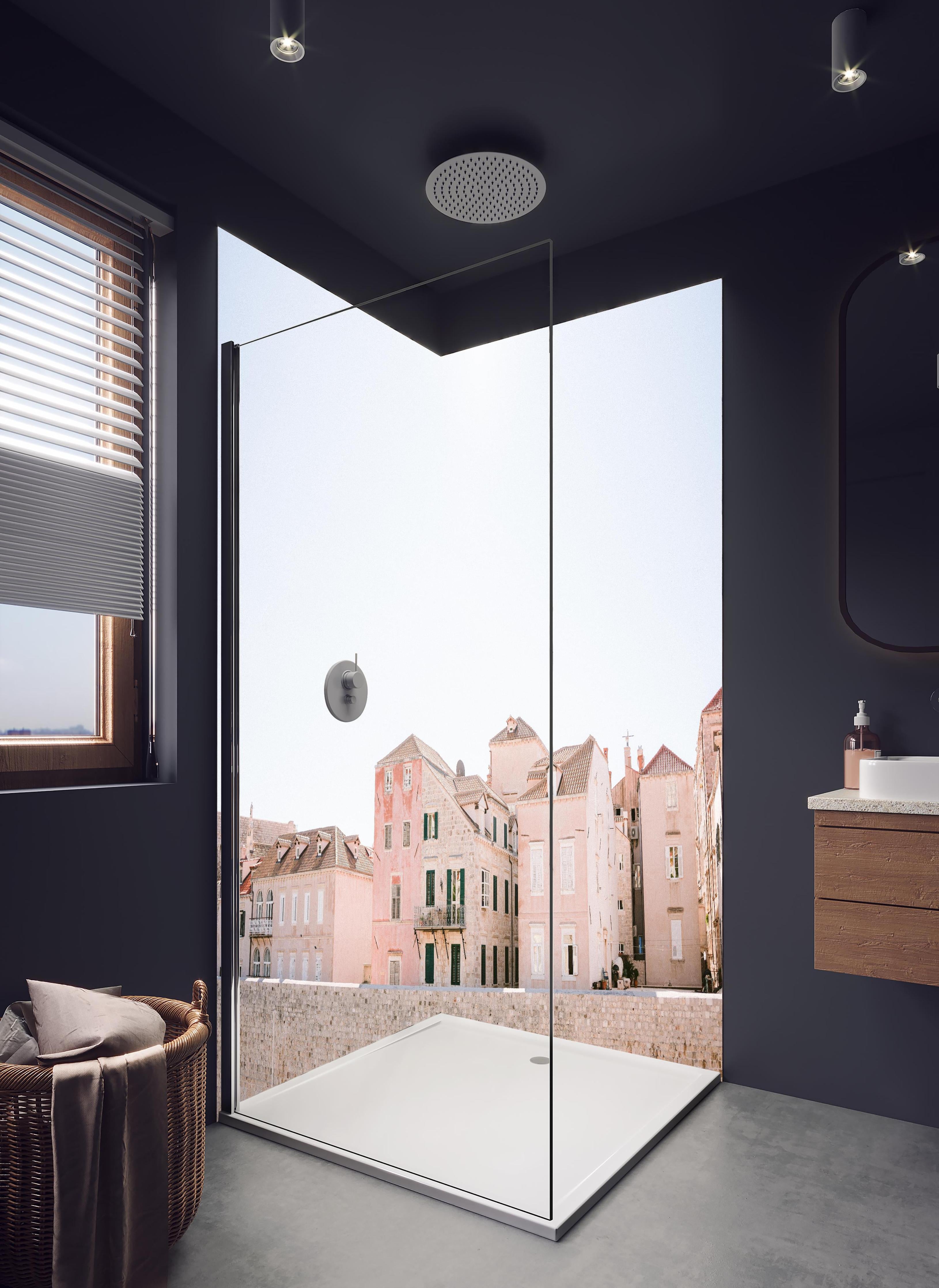 Duschrückwand - Charmantes Haus in Paris mit rosa Fassade in hellem Badezimmer mit Regenduschkopf - zweiteilige Eck-Duschrückwand